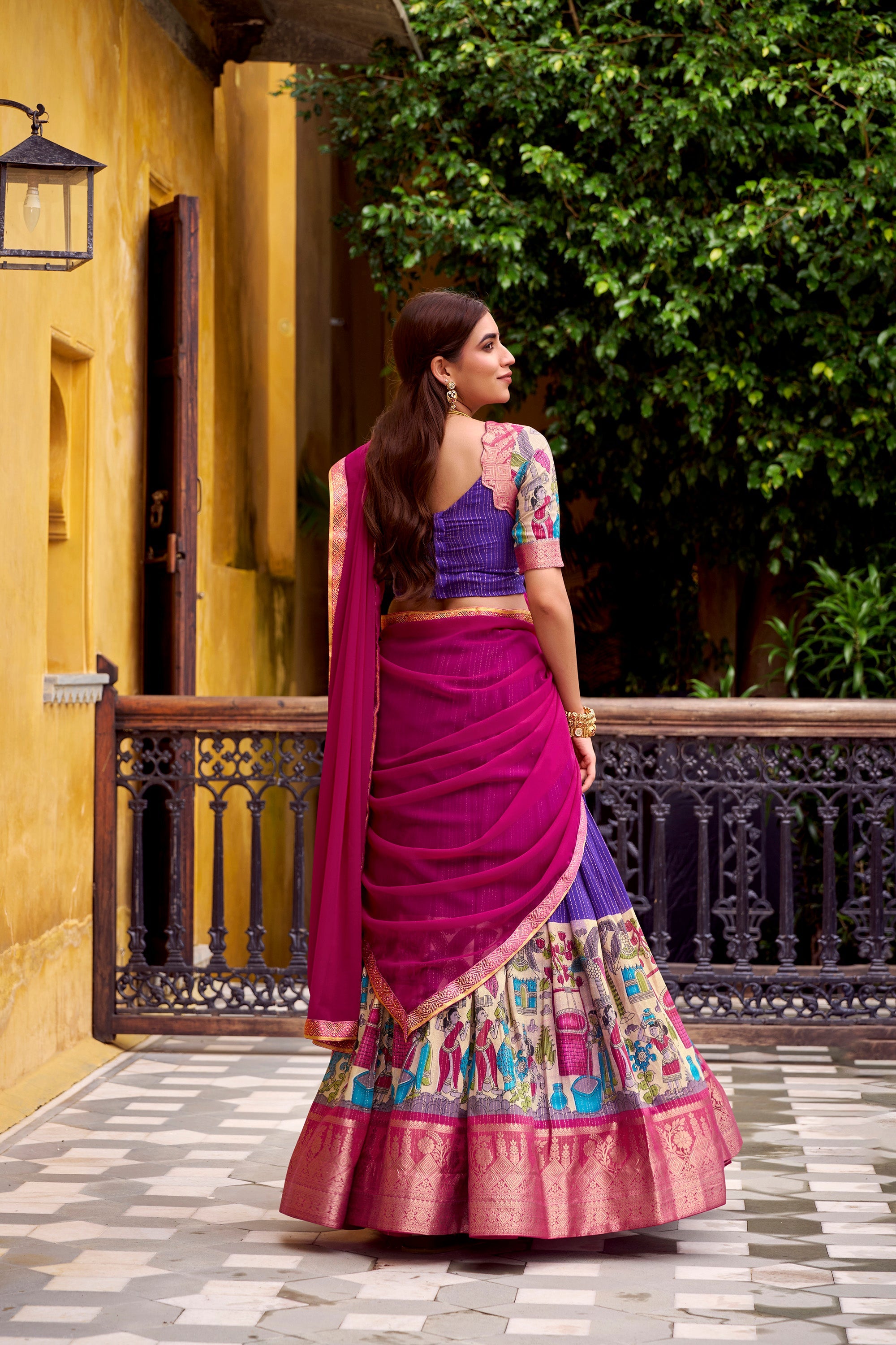 Purple & Gold Poly Chanderi Kalamkari Stitched Lehenga Choli