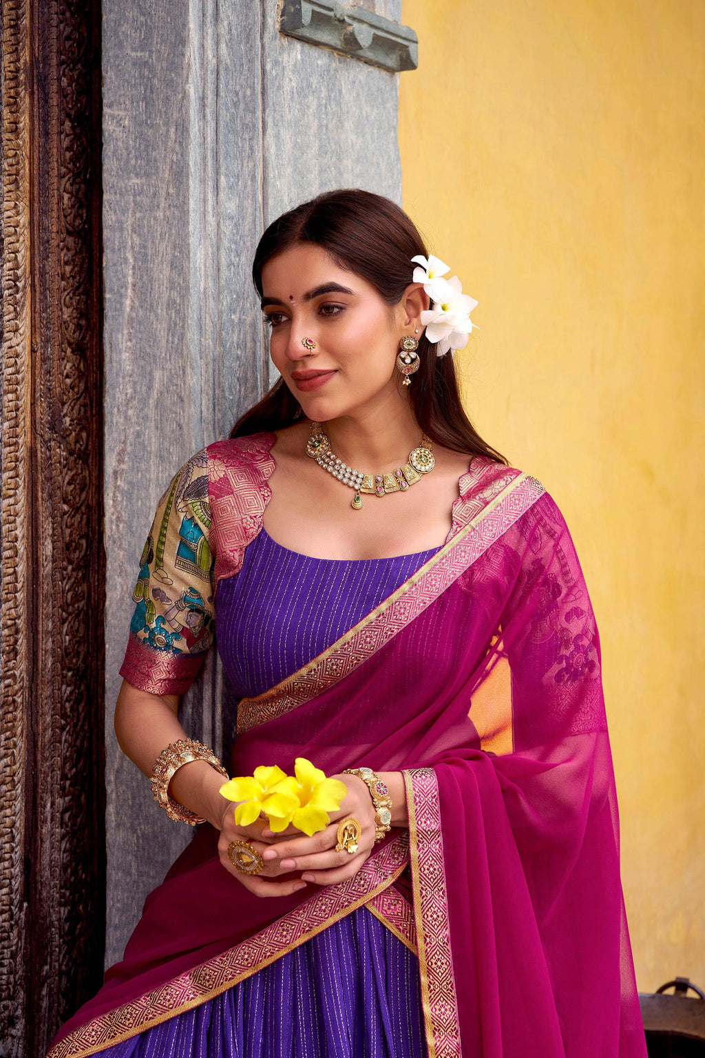 Purple & Gold Poly Chanderi Kalamkari Stitched Lehenga Choli