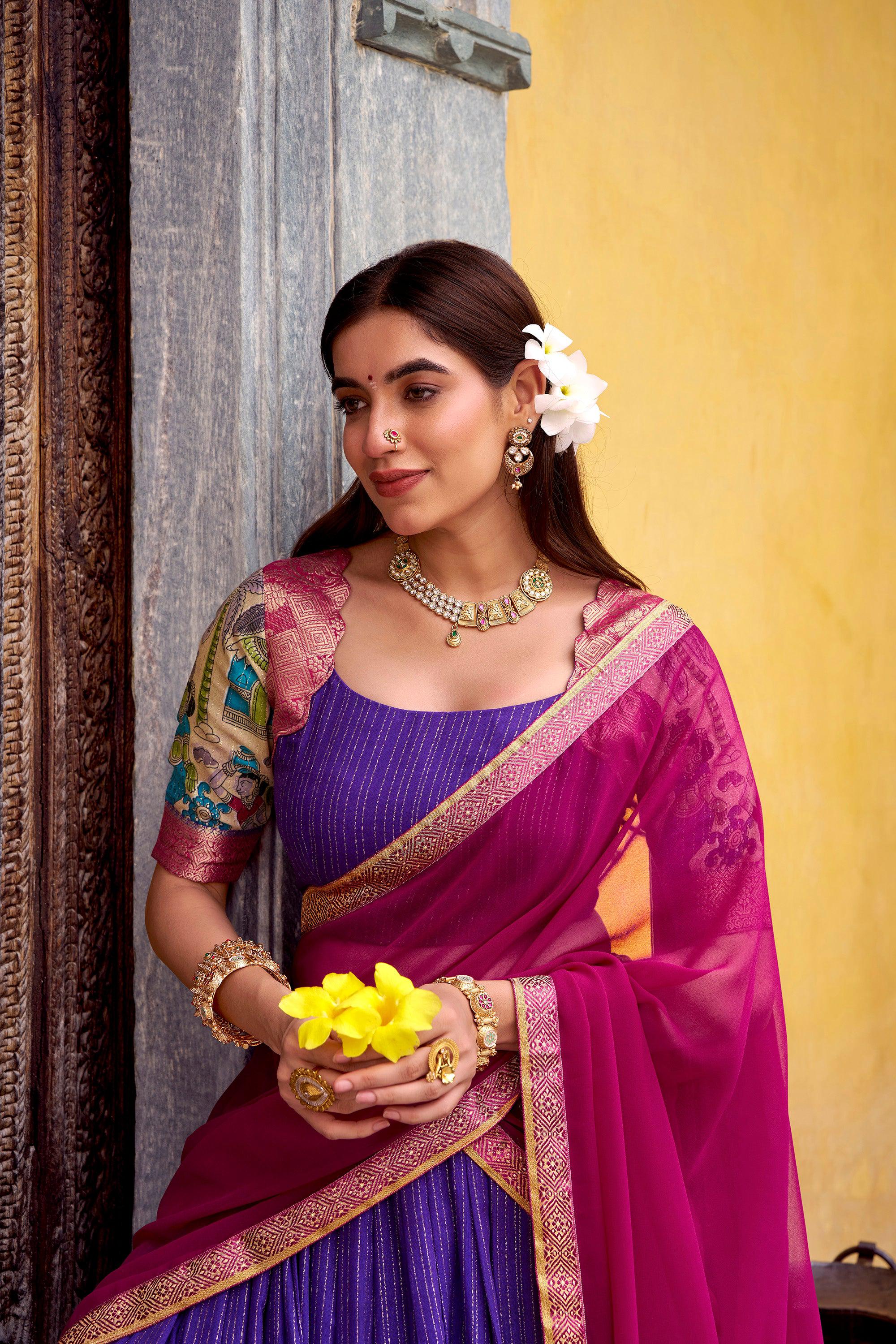 Purple & Gold Poly Chanderi Kalamkari Stitched Lehenga Choli