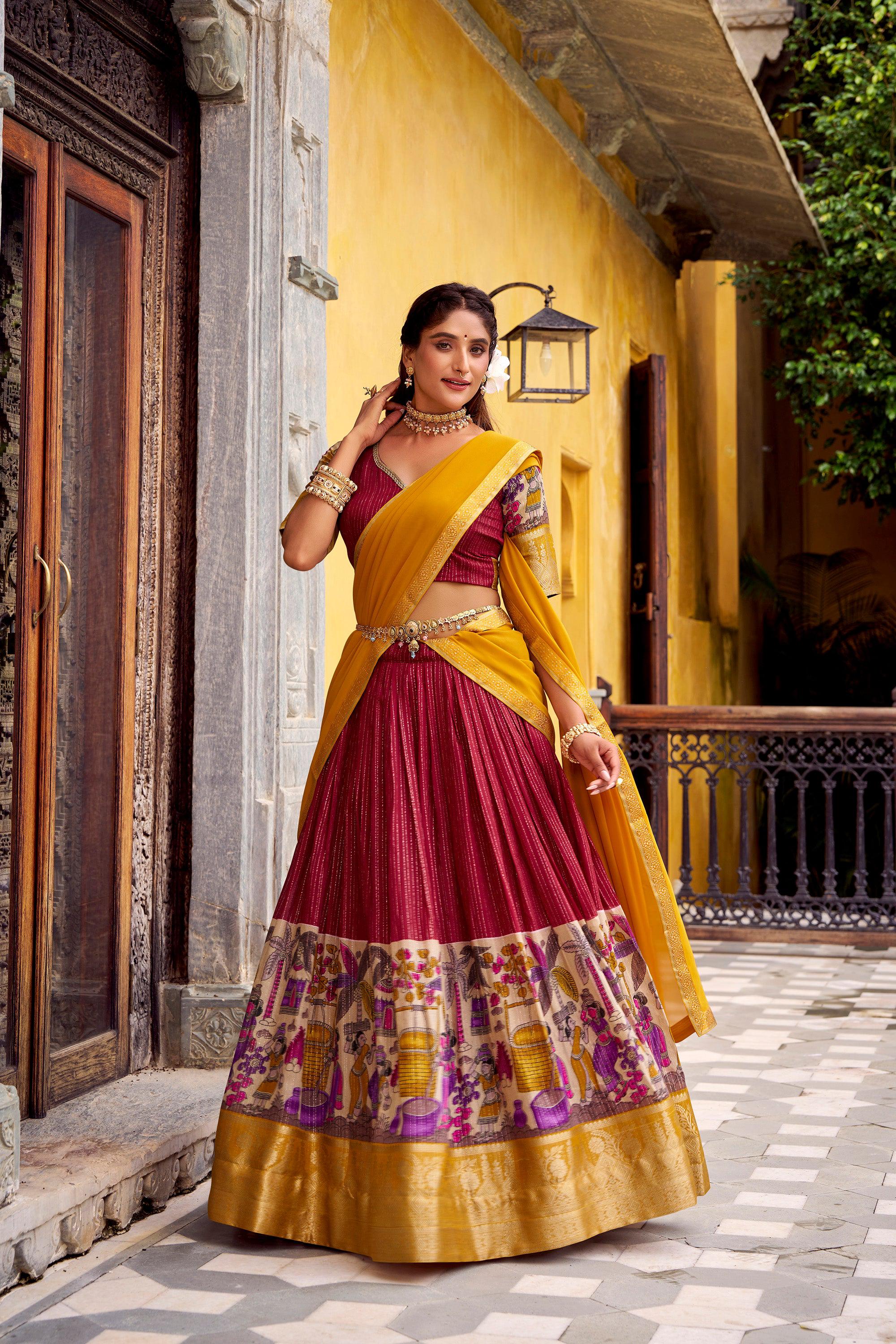 Lorenvalley Fashion Multicolor Poly Chanderi Zari Stripe Kalamkari Printed With Zari Weaving Work Lehenga Choli with Dupatta