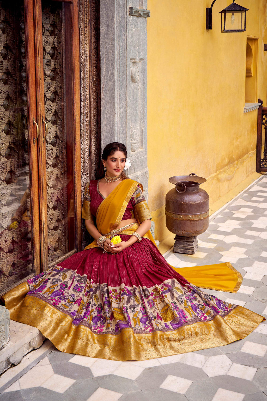Lorenvalley Fashion Multicolor Poly Chanderi Zari Stripe Kalamkari Printed With Zari Weaving Work Lehenga Choli with Dupatta