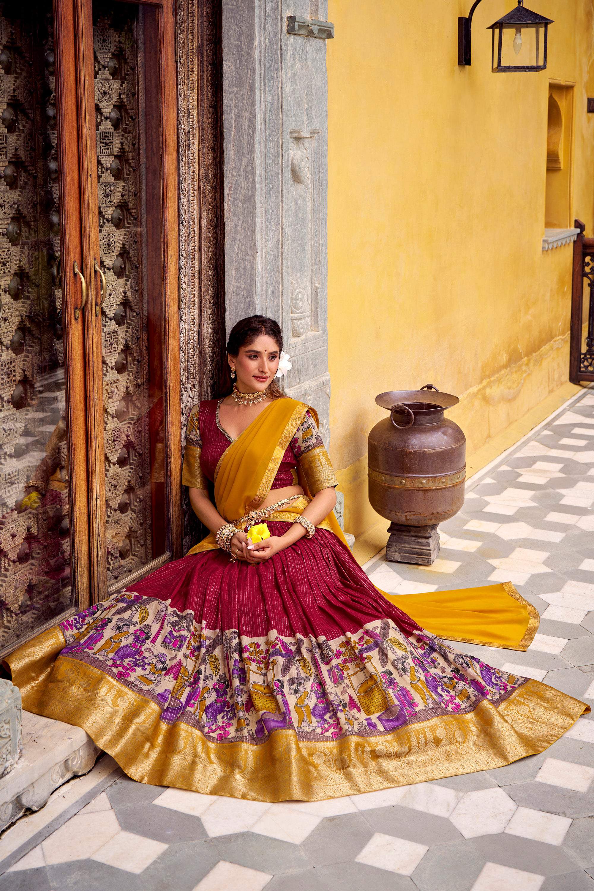 Lorenvalley Fashion Multicolor Poly Chanderi Zari Stripe Kalamkari Printed With Zari Weaving Work Lehenga Choli with Dupatta