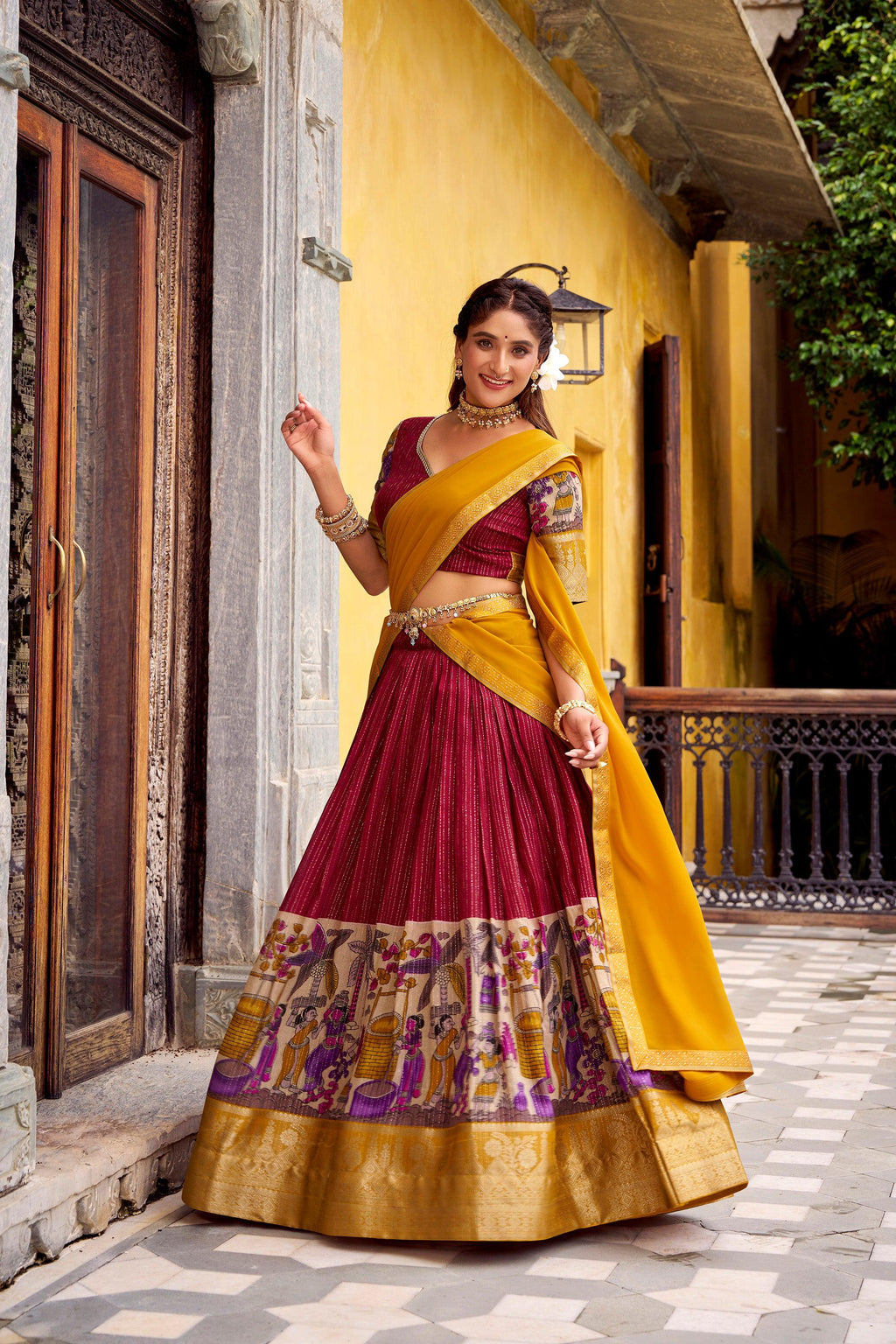 Lorenvalley Fashion Multicolor Poly Chanderi Zari Stripe Kalamkari Printed With Zari Weaving Work Lehenga Choli with Dupatta