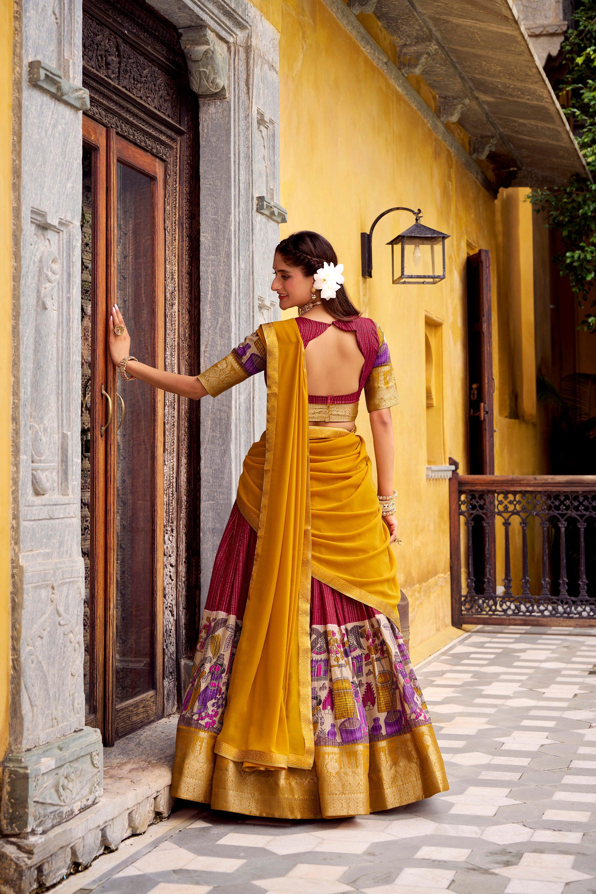 Lorenvalley Fashion Multicolor Poly Chanderi Zari Stripe Kalamkari Printed With Zari Weaving Work Lehenga Choli with Dupatta