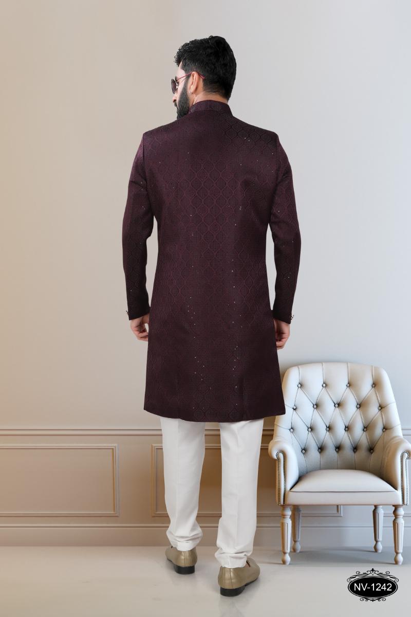 Boys Wine Sequence Embroidered Kurta and White Pyjama Set