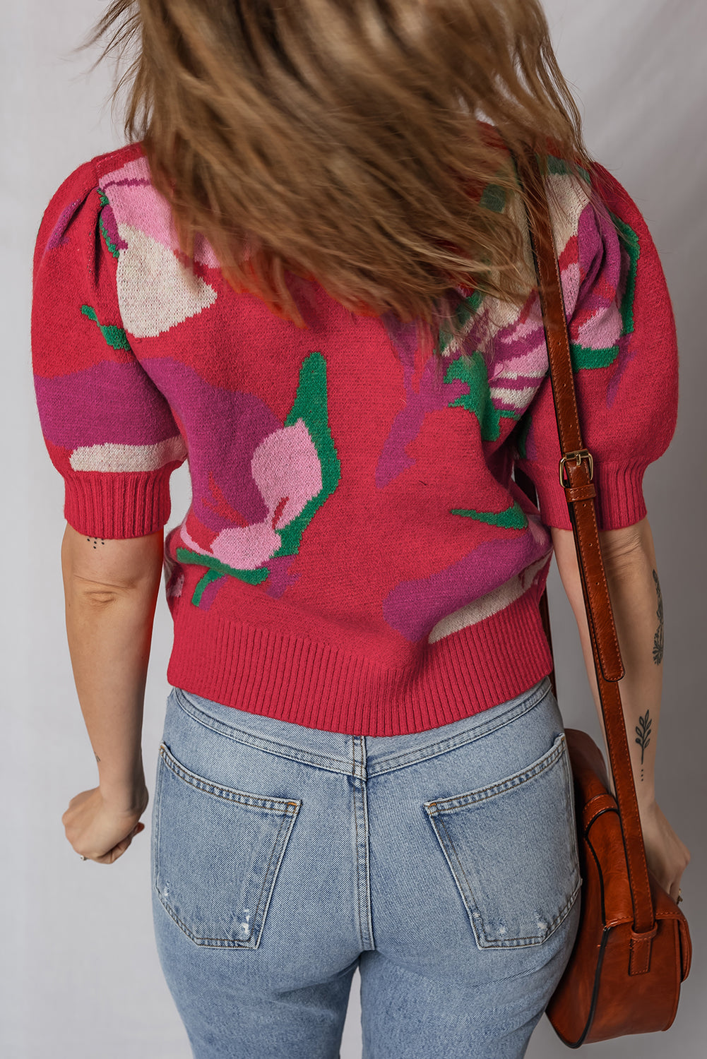 Floral Abstract Short Puff Sleeve Sweater