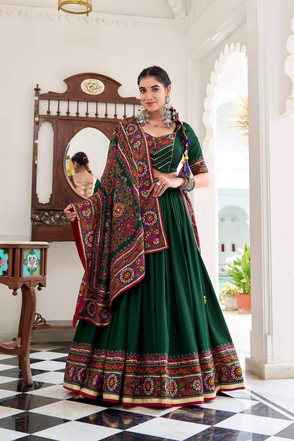 Green Tasar Silk Lehenga Choli with Gamthi print and Gotta Patti lace details