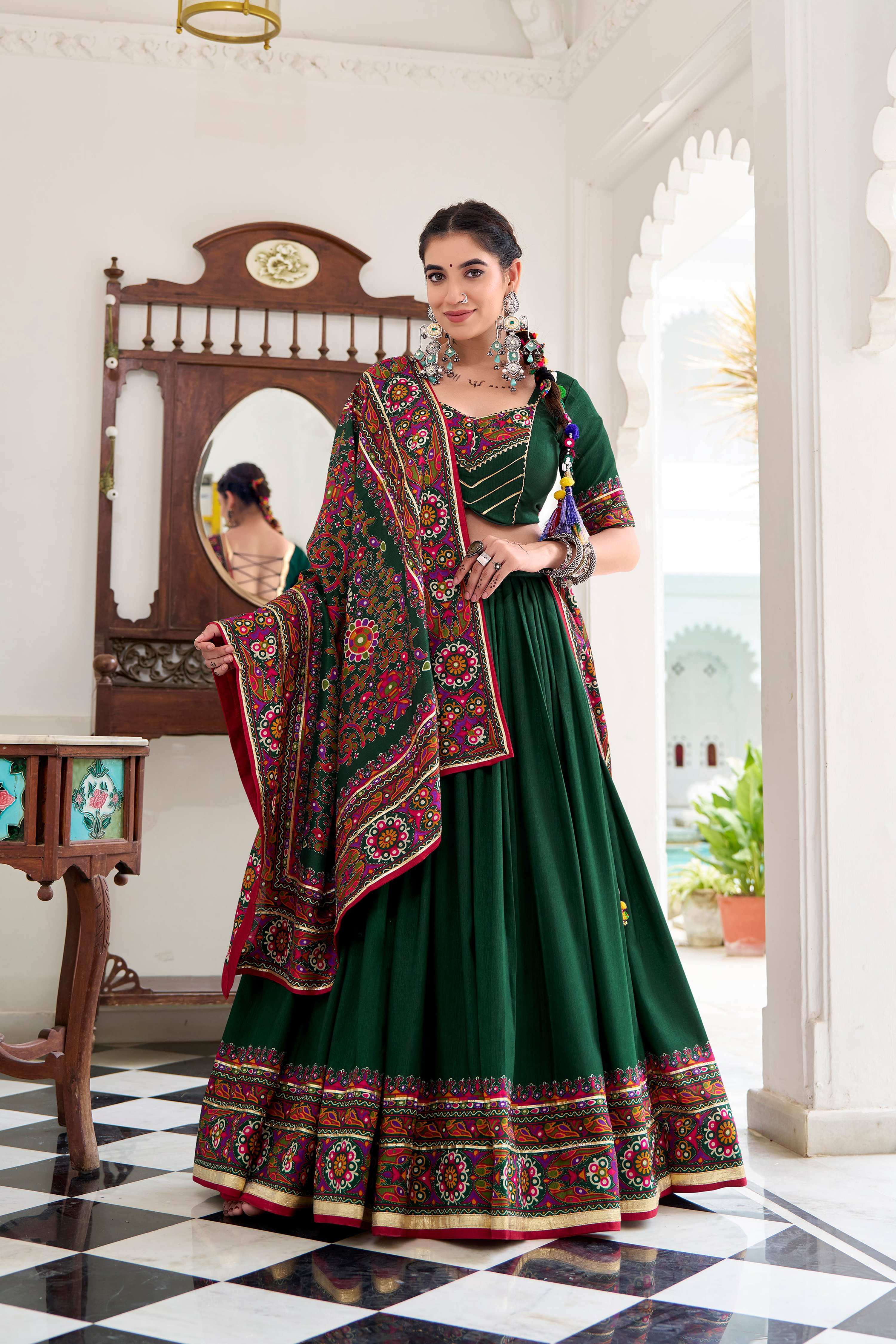 Green Tasar Silk Lehenga Choli with Gamthi print and Gotta Patti lace details