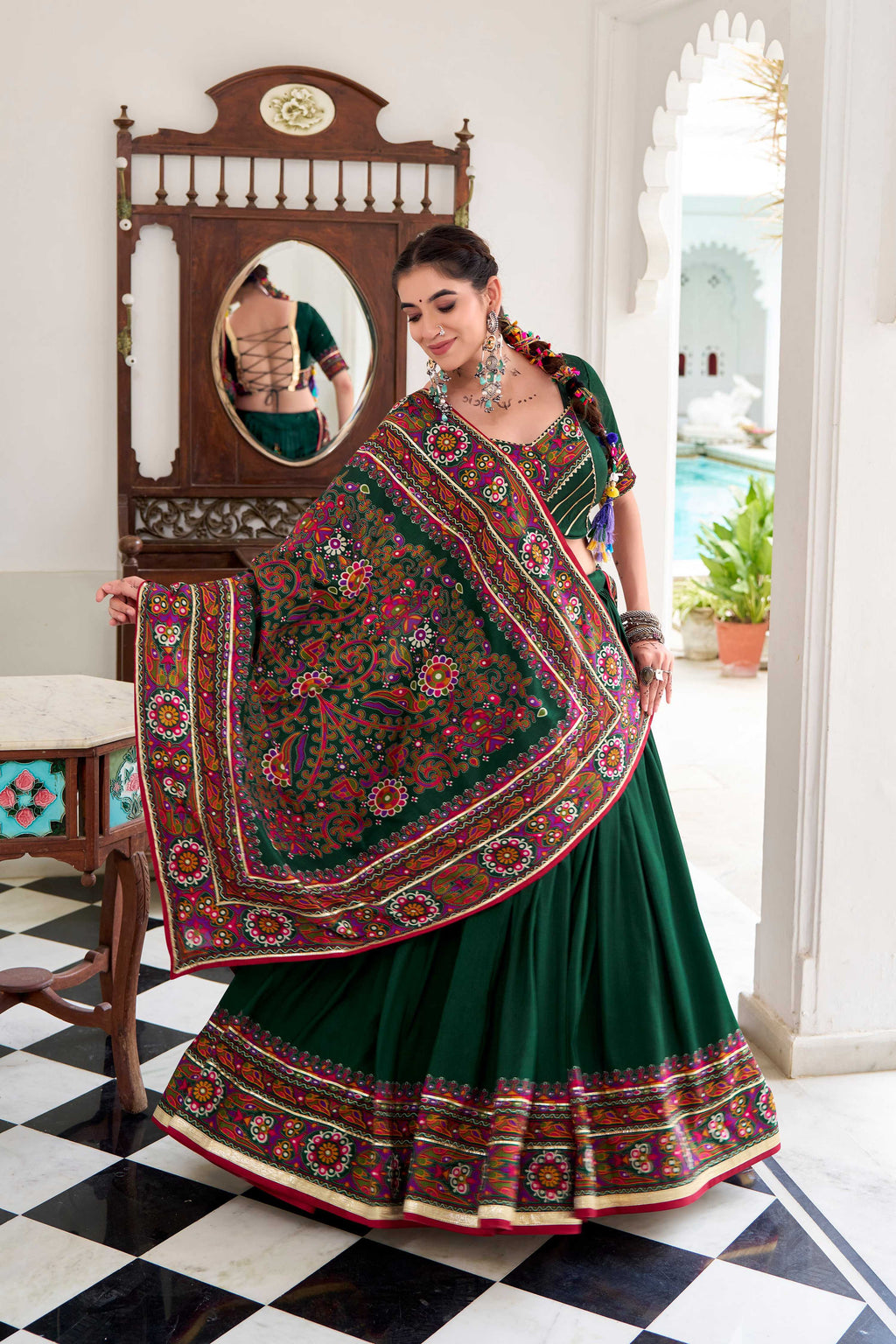 Green Tasar Silk Lehenga Choli with Gamthi Print and Gotta Patti