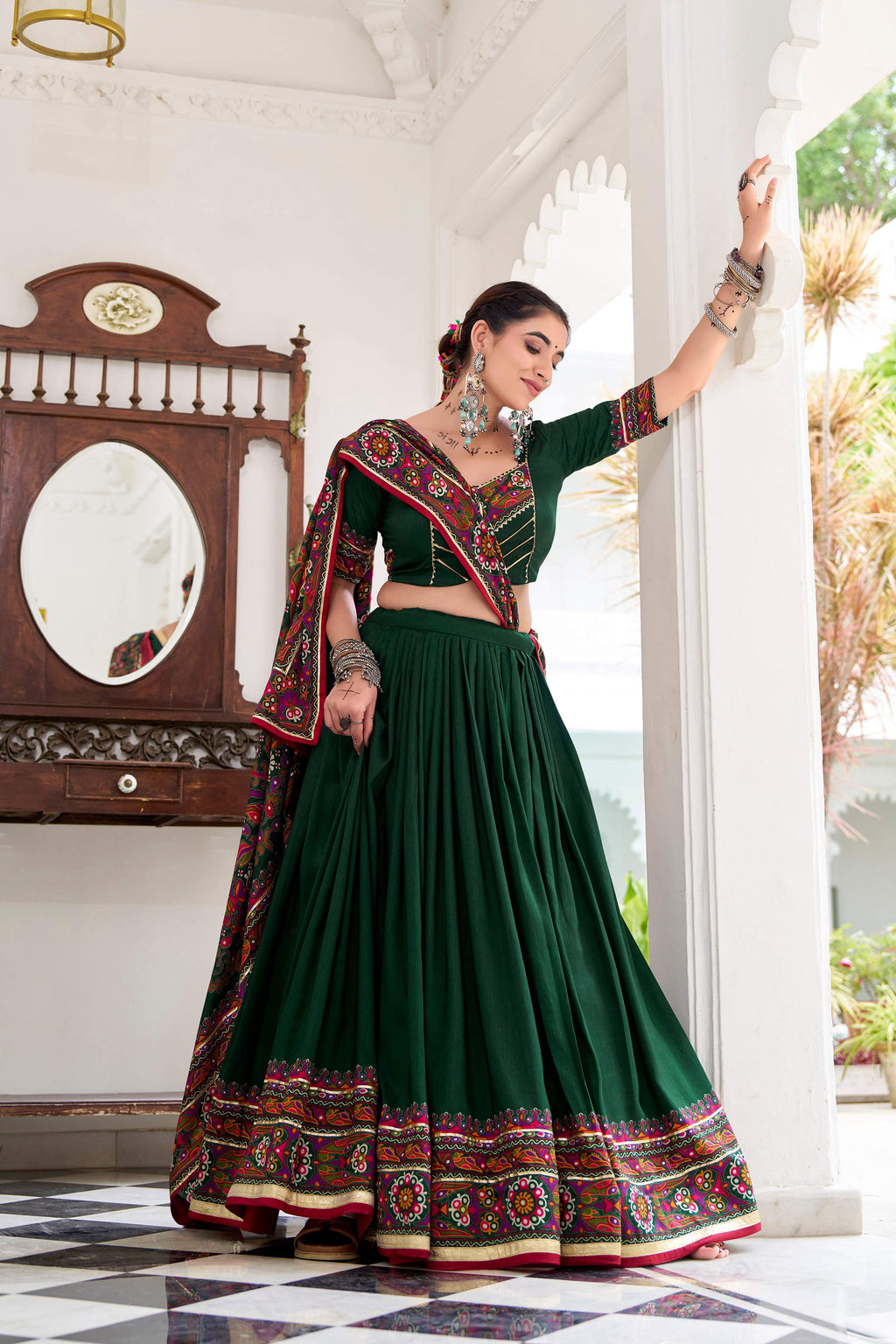 Green Tasar Silk Lehenga Choli with Gamthi Print and Gotta Patti