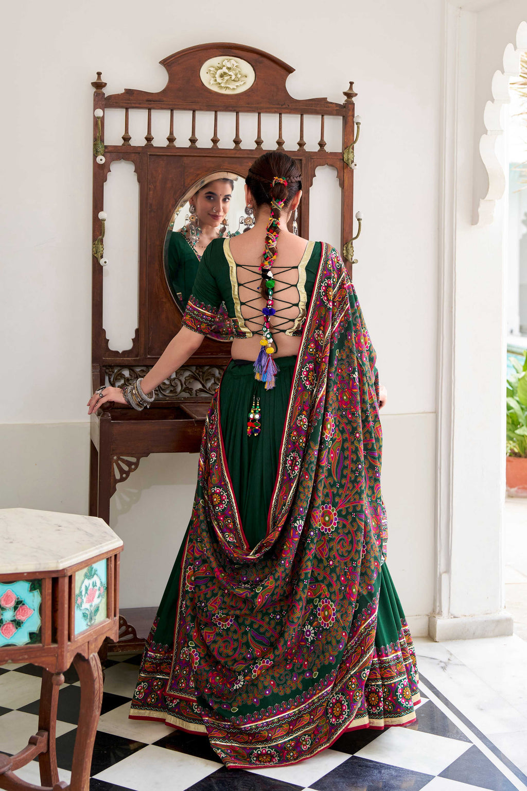 Green Tasar Silk Lehenga Choli with Gamthi Print and Gotta Patti
