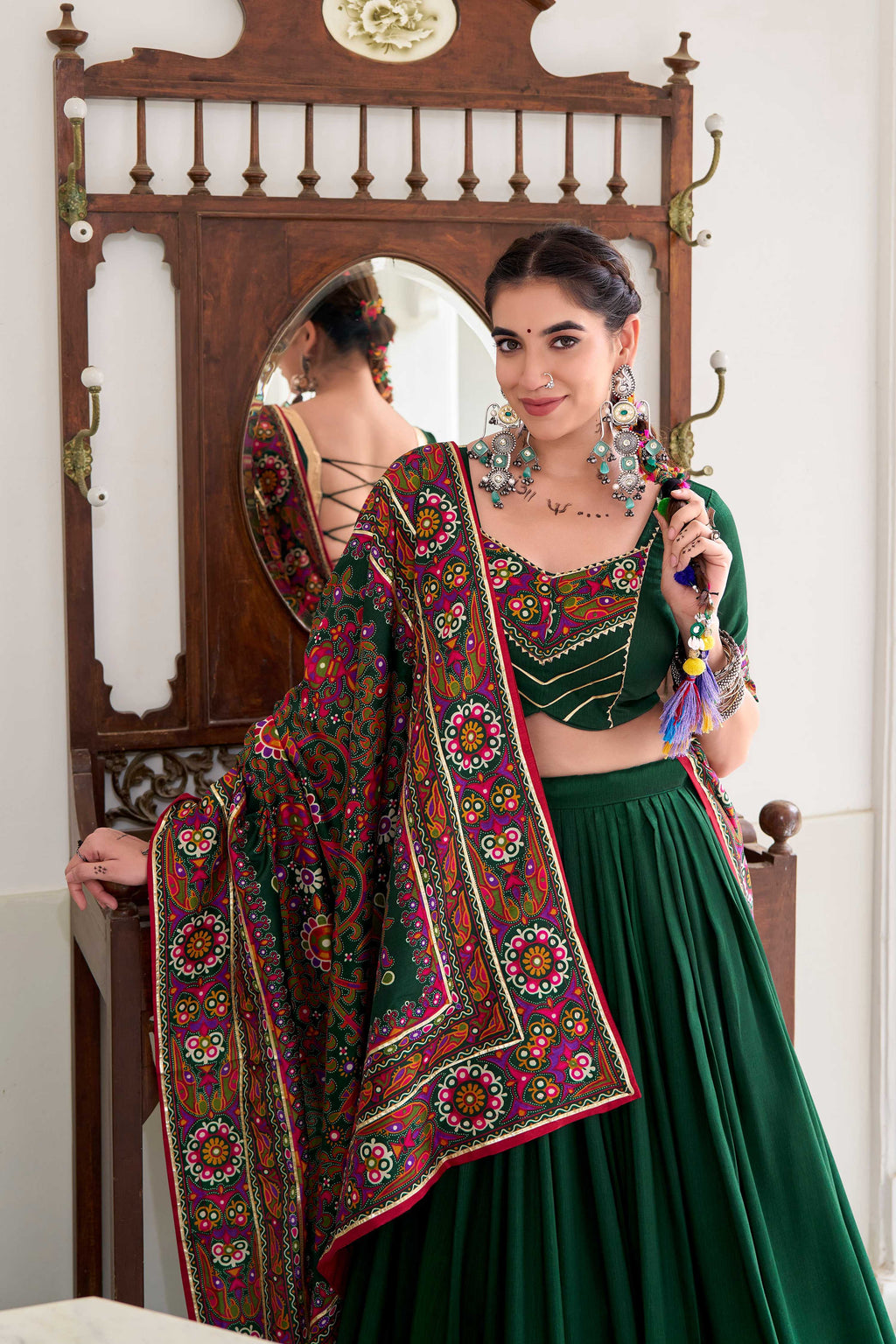 Green Tasar Silk Lehenga Choli with Gamthi Print and Gotta Patti