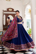 Navyblue Tasar Silk Lehenga Choli with multi-color Gamthi print and Gotta Patti lace detailing