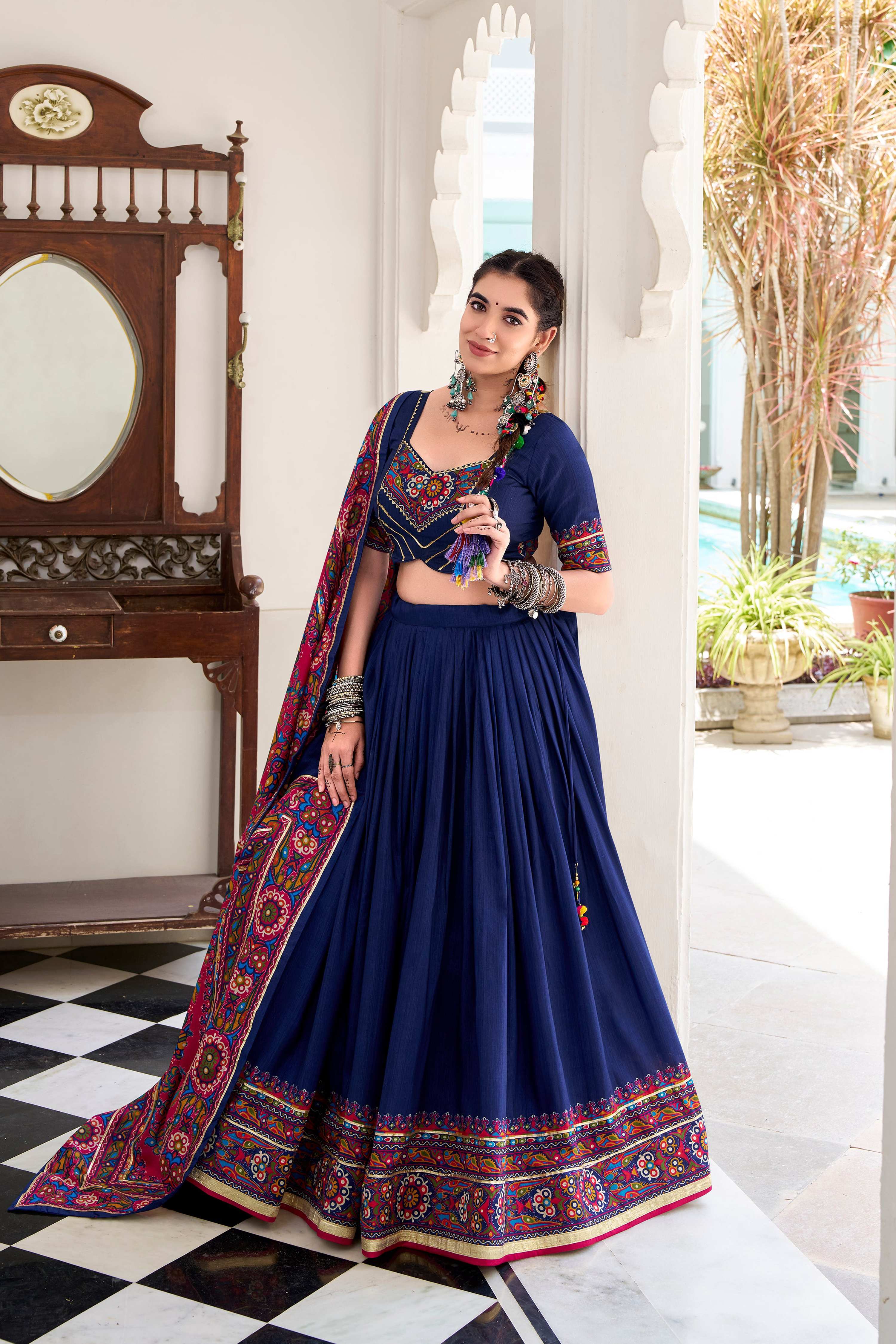 Navyblue Tasar Silk Lehenga Choli with Gamthi Print and Lace