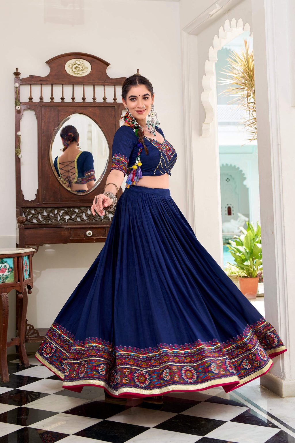 Navyblue Tasar Silk Lehenga Choli with Gamthi Print and Lace