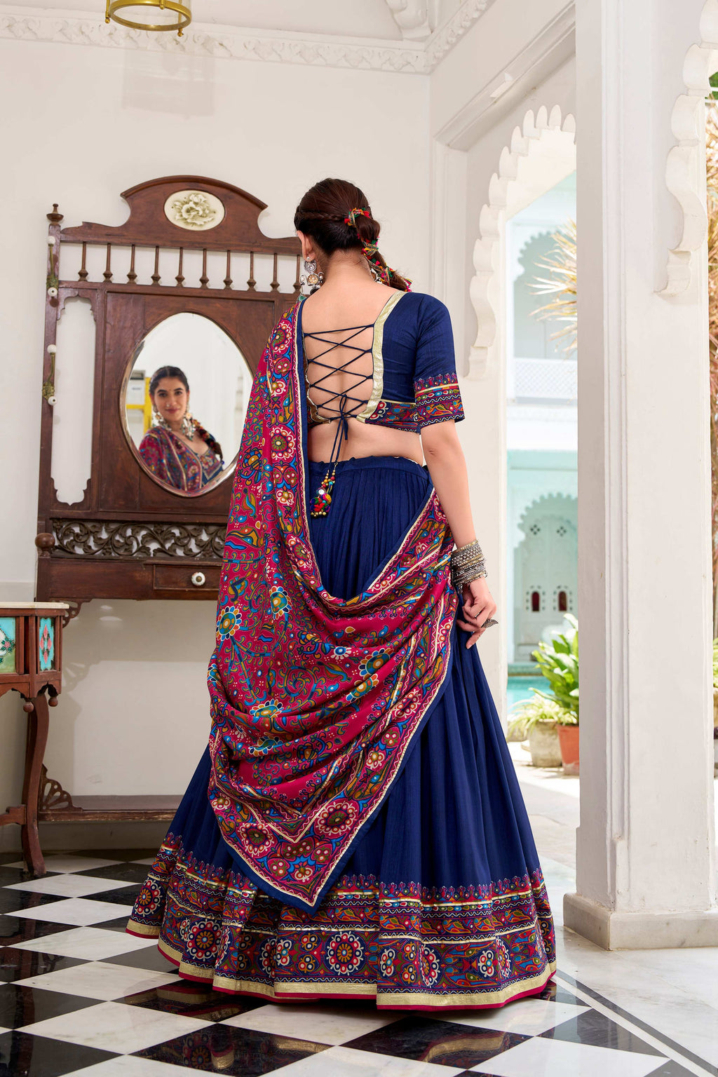 Navyblue Tasar Silk Lehenga Choli with Gamthi Print and Lace