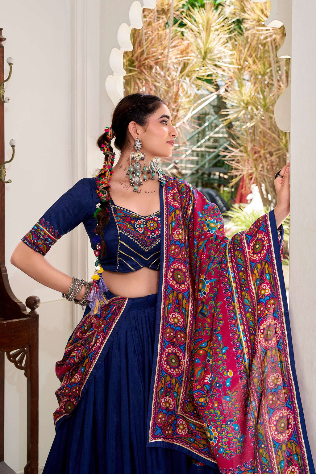 Navyblue Tasar Silk Lehenga Choli with Gamthi Print and Lace