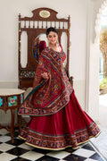 Red Tasar silk lehenga choli with traditional Gamthi print and Gotta Patti lace detailing