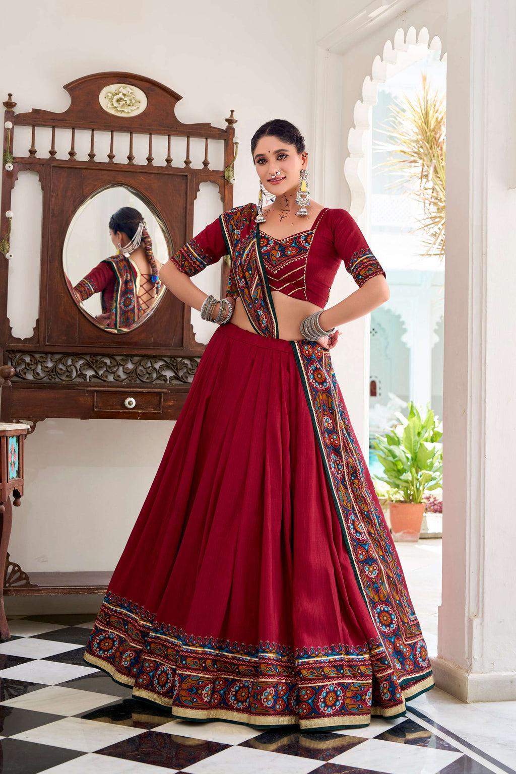Red Tasar Silk Lehenga Choli with Gamthi Print and Gotta Patti