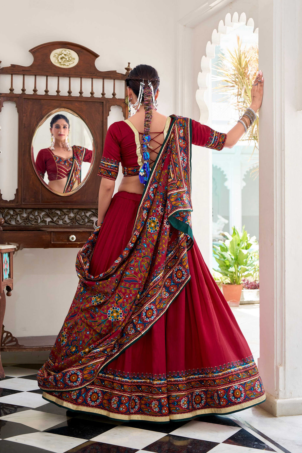 Red Tasar Silk Lehenga Choli with Gamthi Print and Gotta Patti