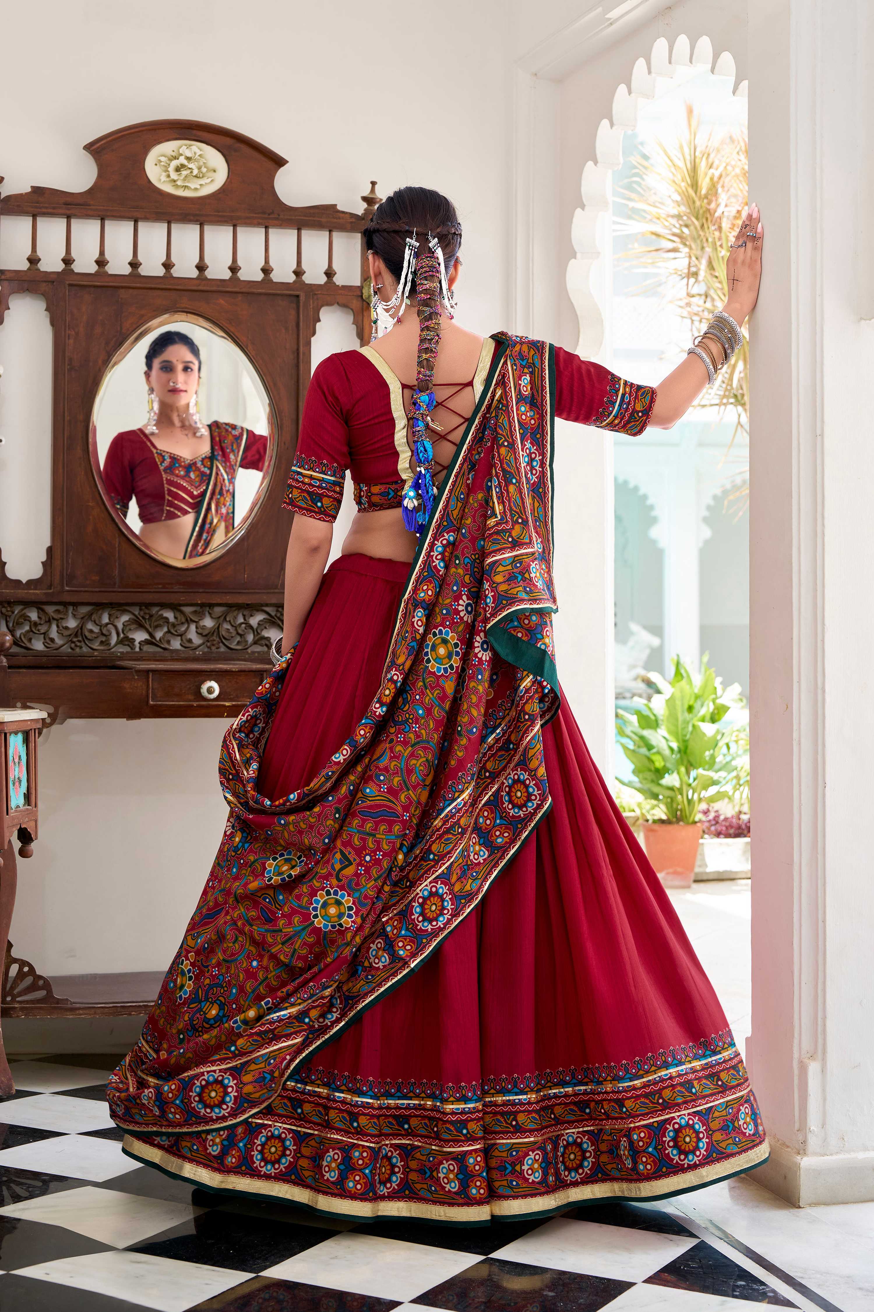 Red Tasar Silk Lehenga Choli with Gamthi Print and Gotta Patti