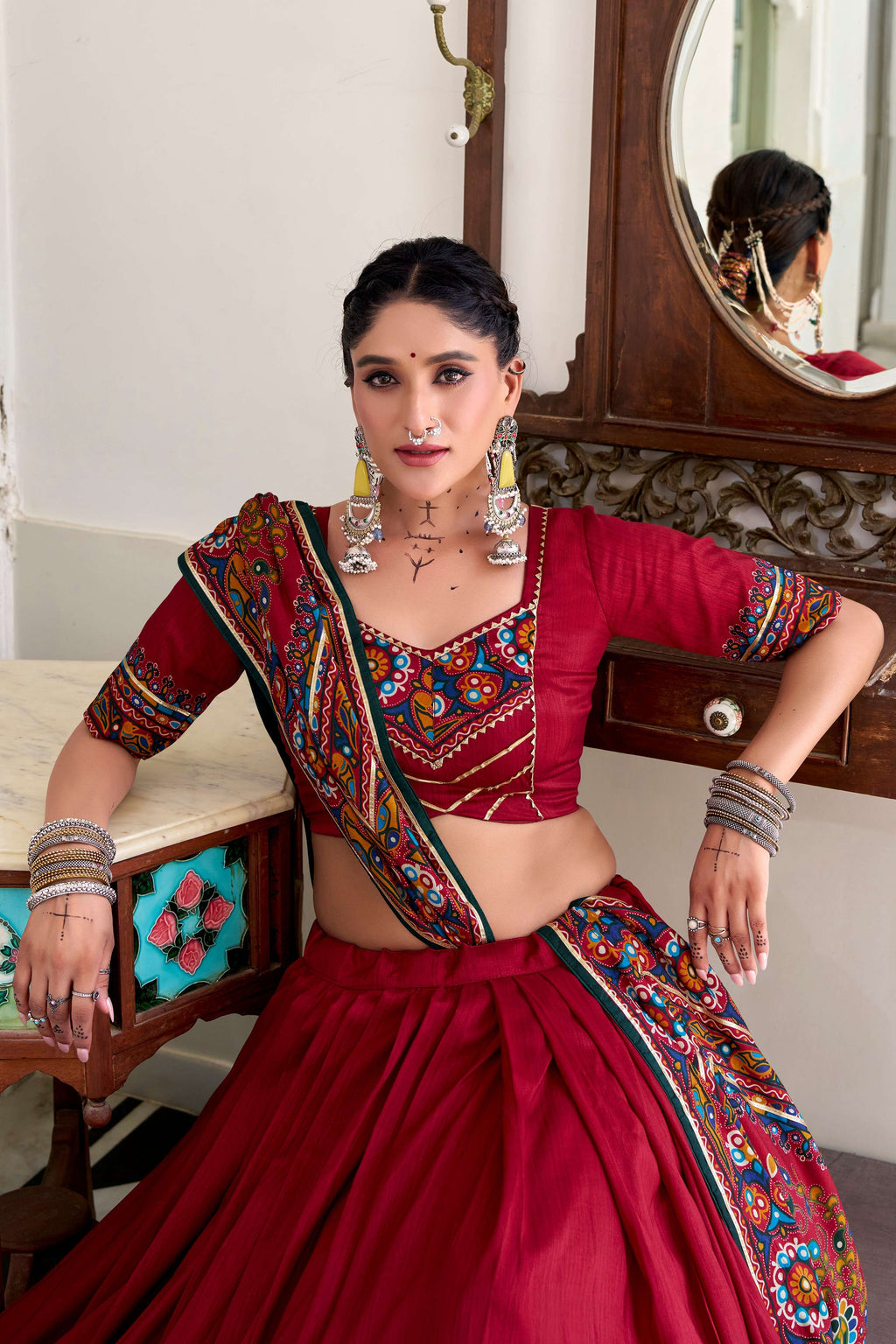 Red Tasar Silk Lehenga Choli with Gamthi Print and Gotta Patti