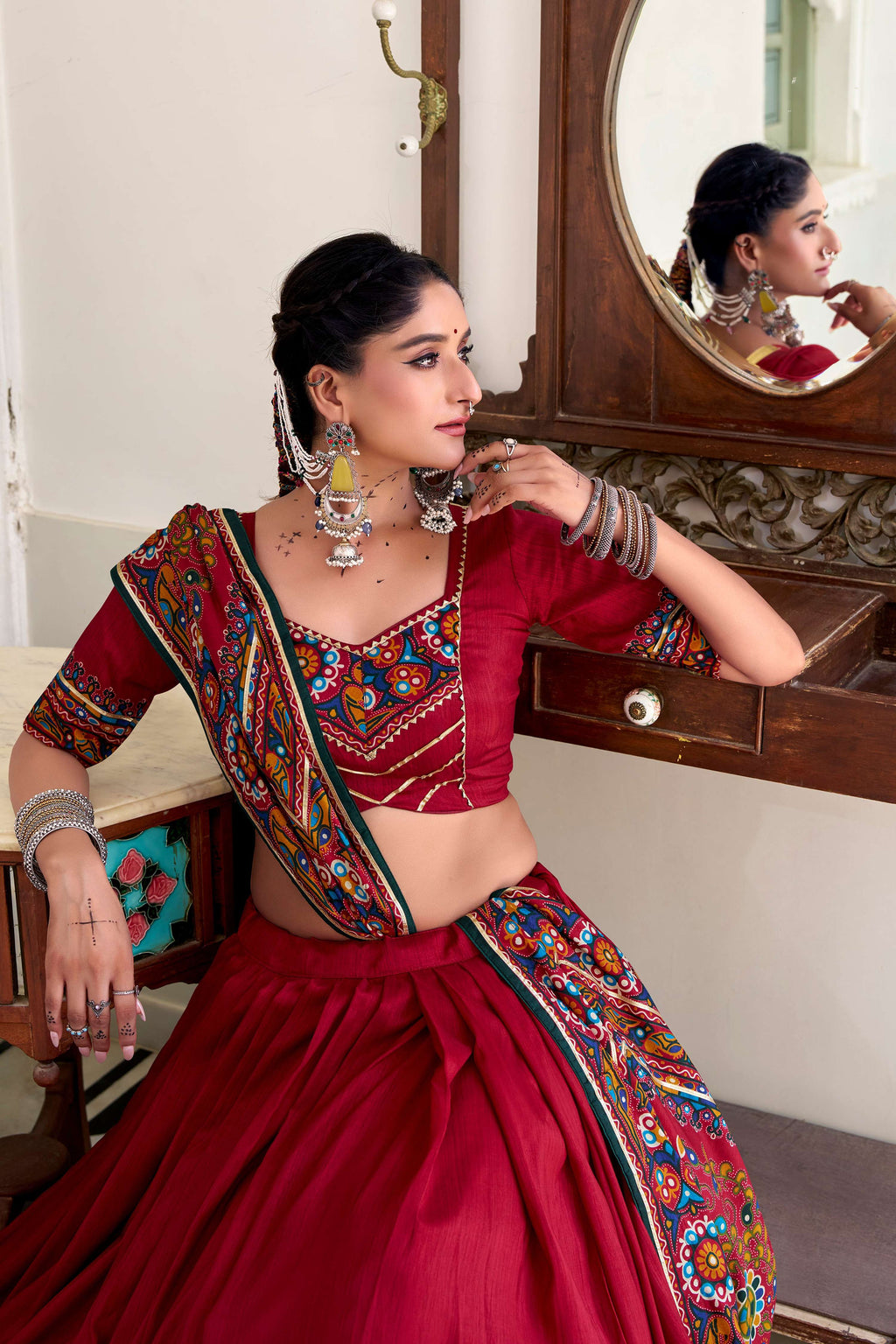 Red Tasar Silk Lehenga Choli with Gamthi Print and Gotta Patti