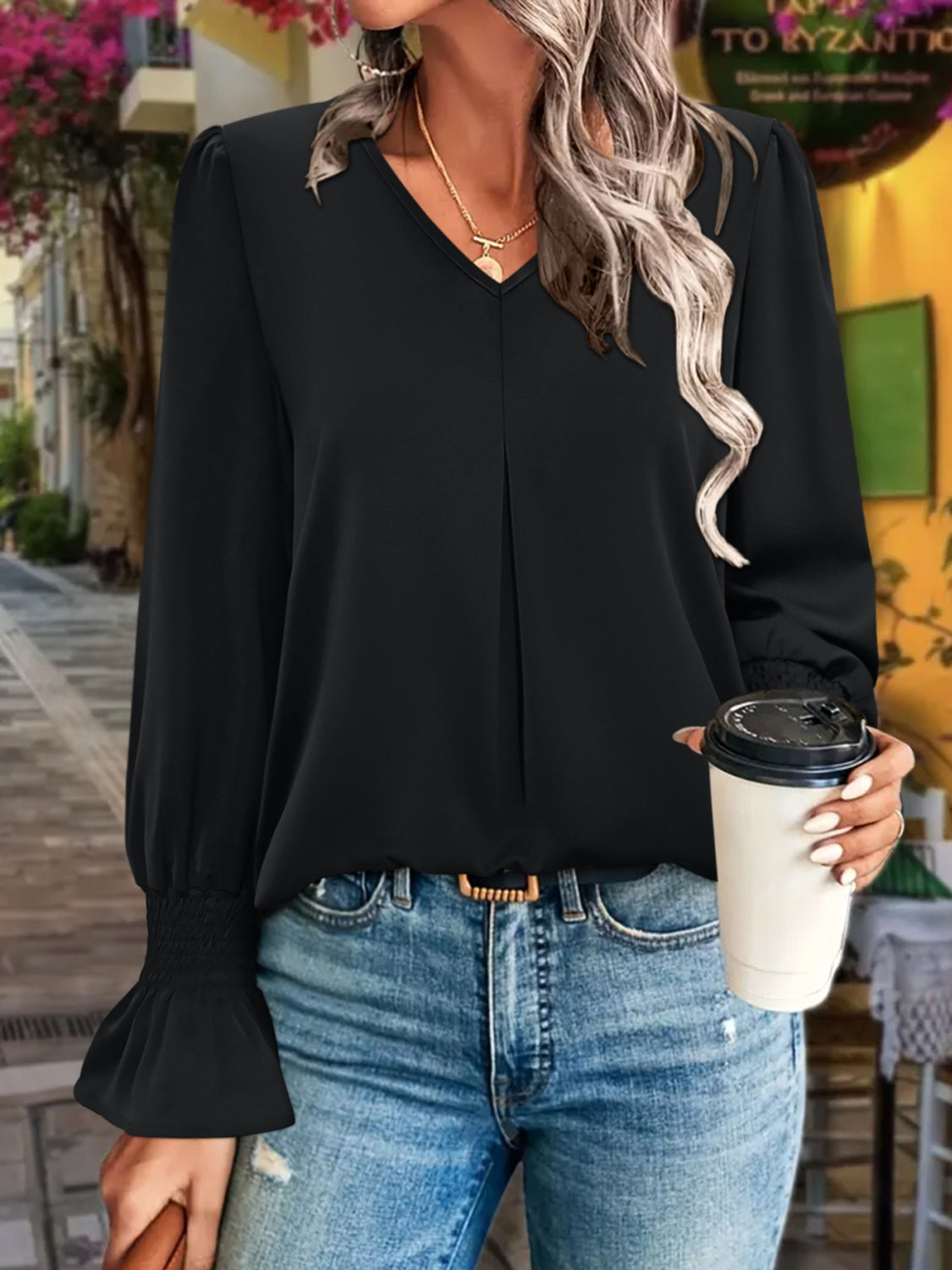Women's V-Neck Flounce Sleeve Blouse With Ruffled Detail - Image 3
