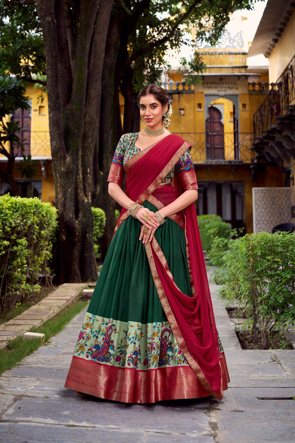 Green Aastha Silk lehenga choli with printed patterns and Zari weaving