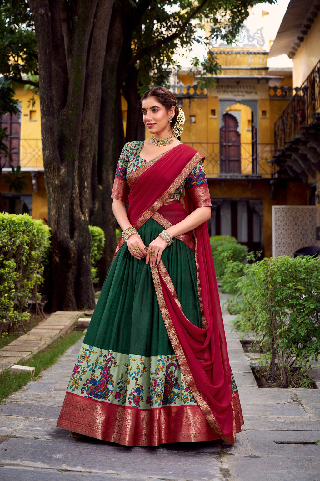 Green Aastha Silk Printed Lehenga Choli with Zari Weaving