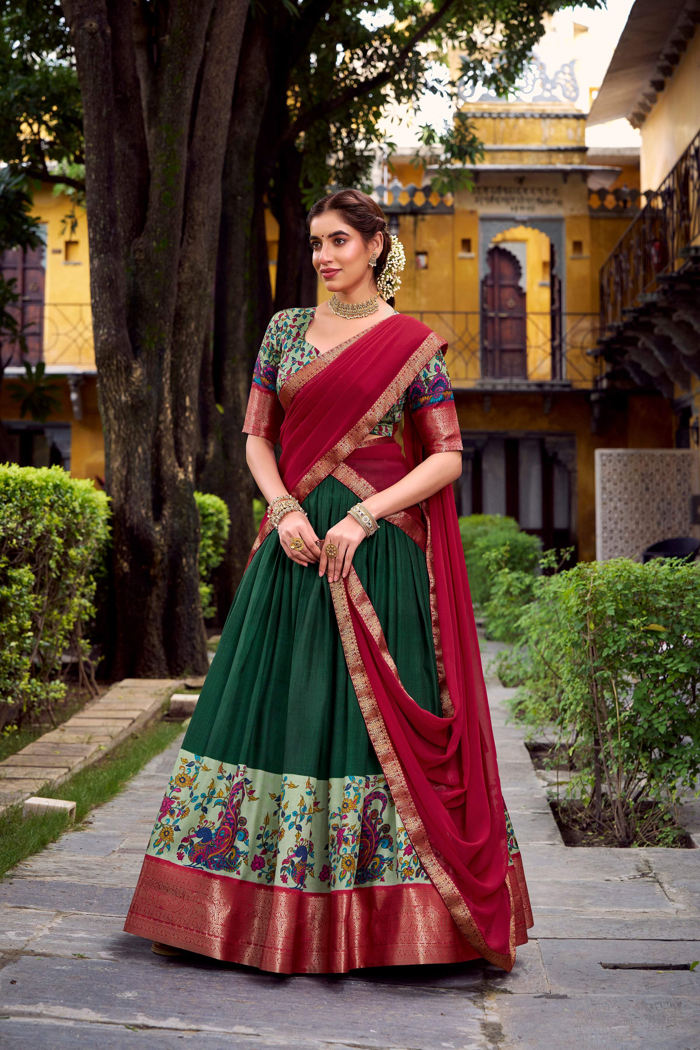 Green Aastha Silk Printed Lehenga Choli with Zari Weaving