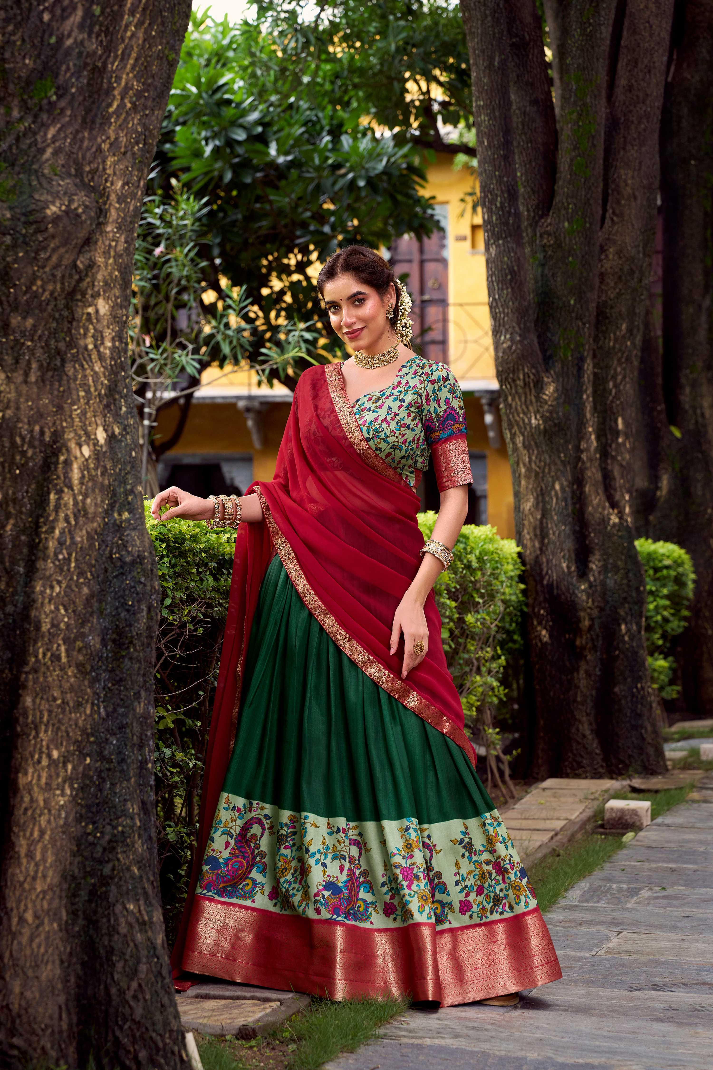 Green Aastha Silk Printed Lehenga Choli with Zari Weaving