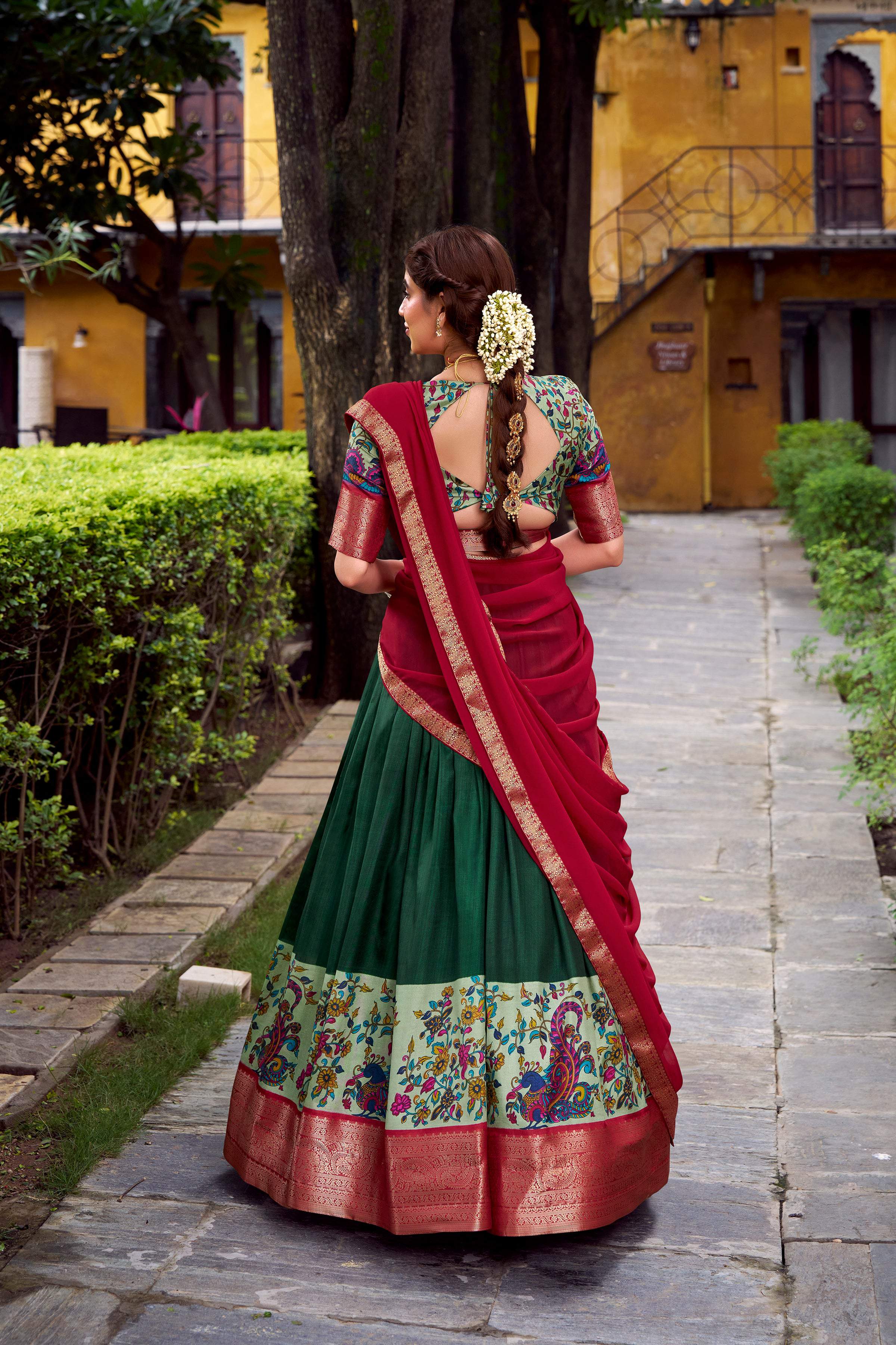 Green Aastha Silk Printed Lehenga Choli with Zari Weaving