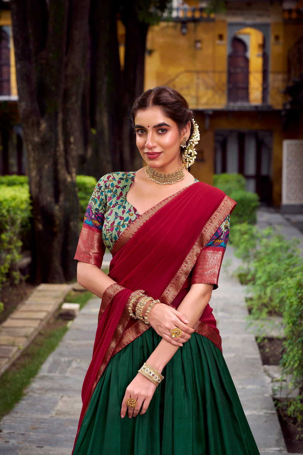 Green Aastha Silk Printed Lehenga Choli with Zari Weaving