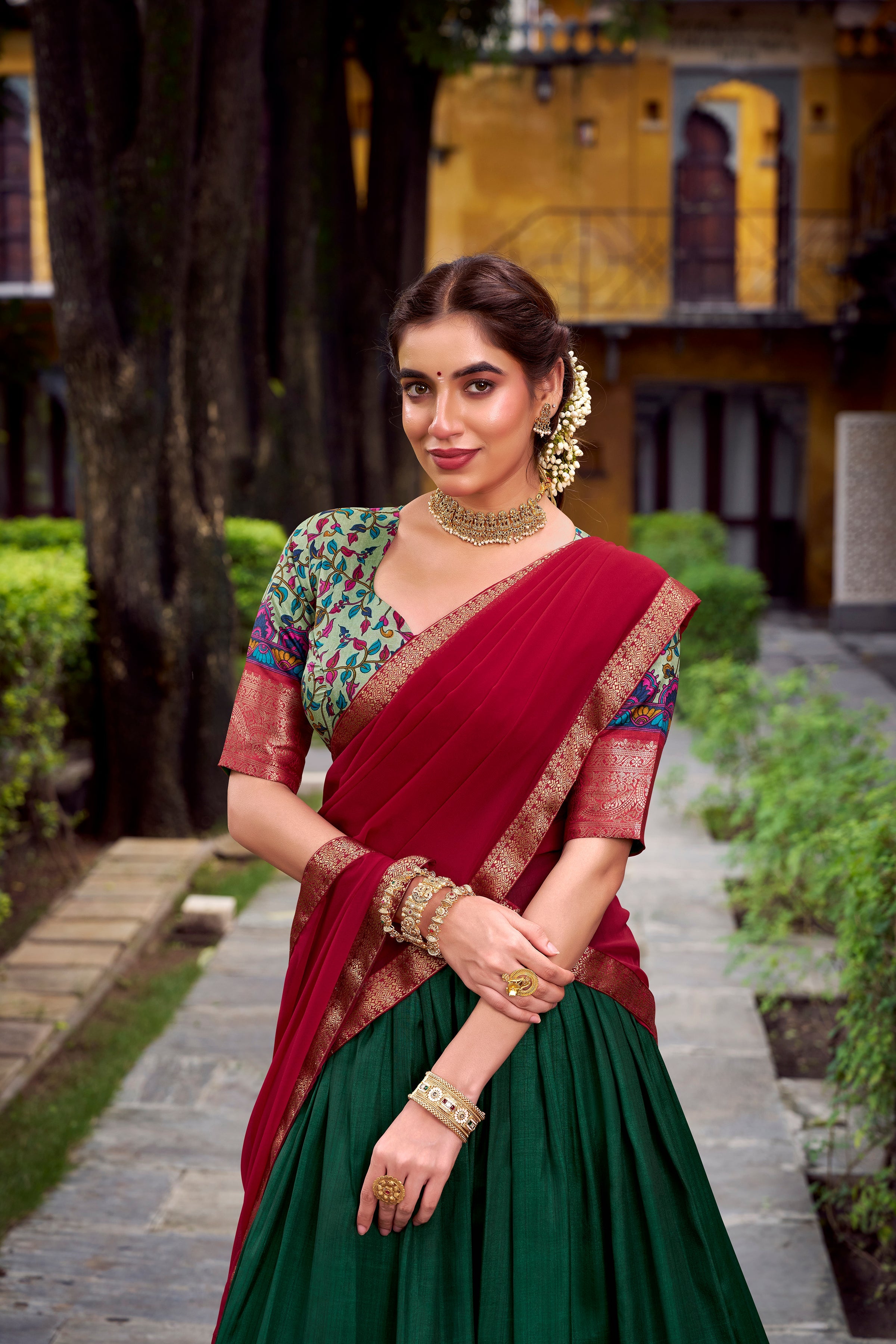 Green Aastha Silk Printed Lehenga Choli with Zari Weaving