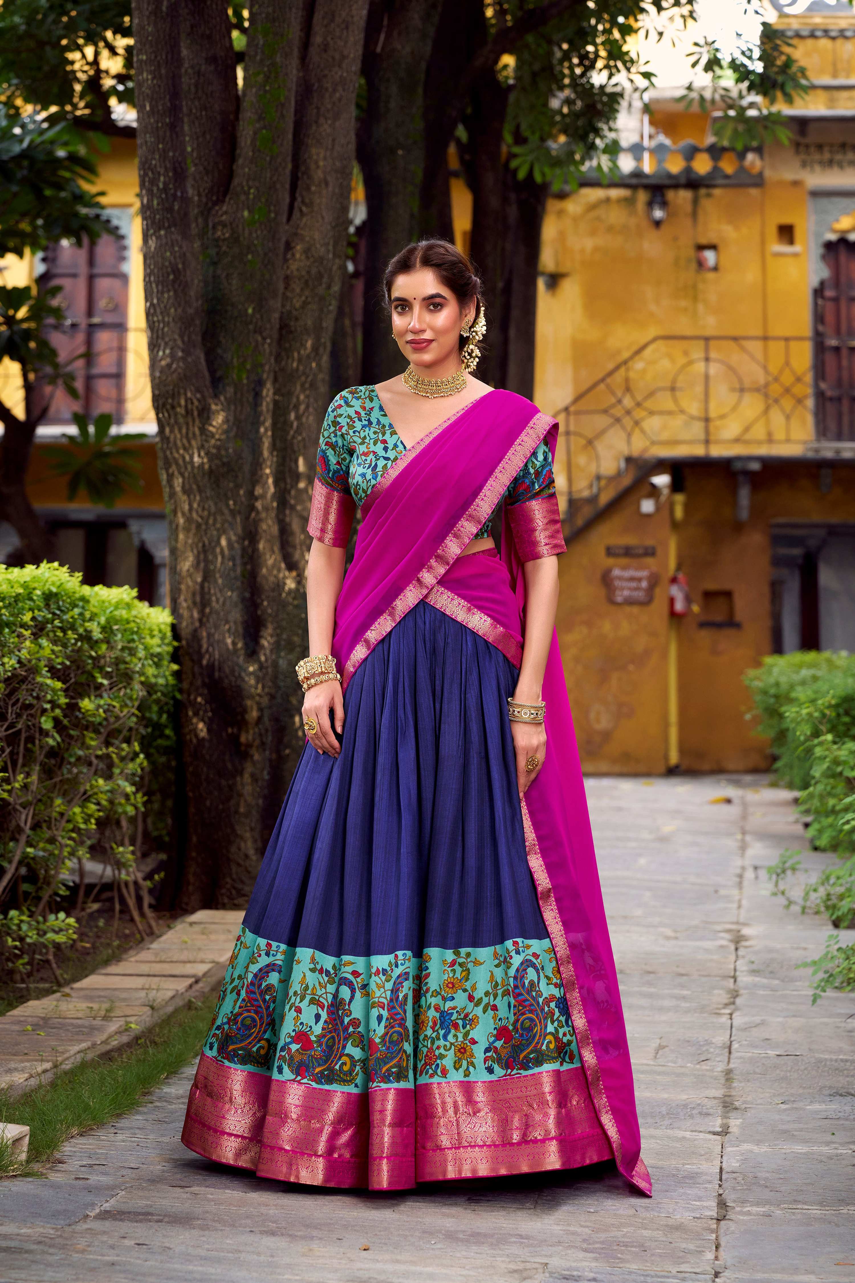 Lorenvalley Fashion Navy Blue Aastha Silk Printed with Zari Weaving Work Lehenga Choli with Dupatta