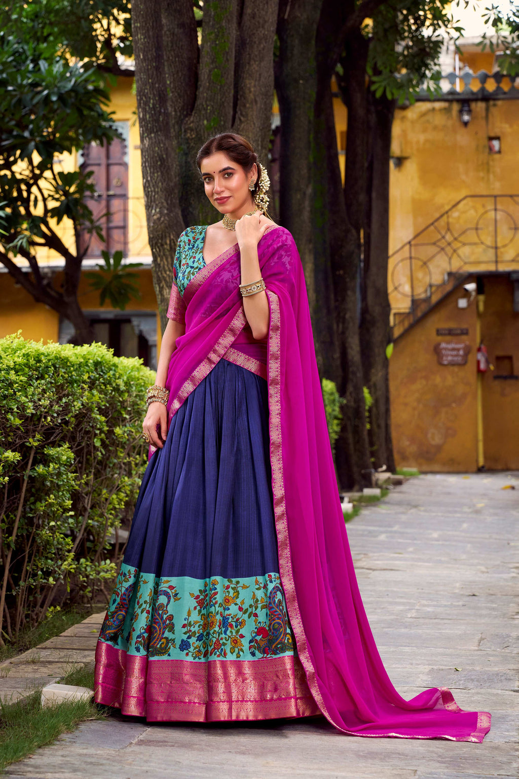 Lorenvalley Fashion Navy Blue Aastha Silk Printed with Zari Weaving Work Lehenga Choli with Dupatta