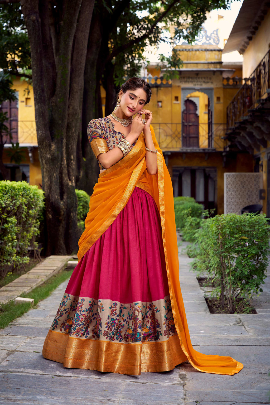 Pink Aastha Silk lehenga choli with vibrant prints and Zari weaving detail