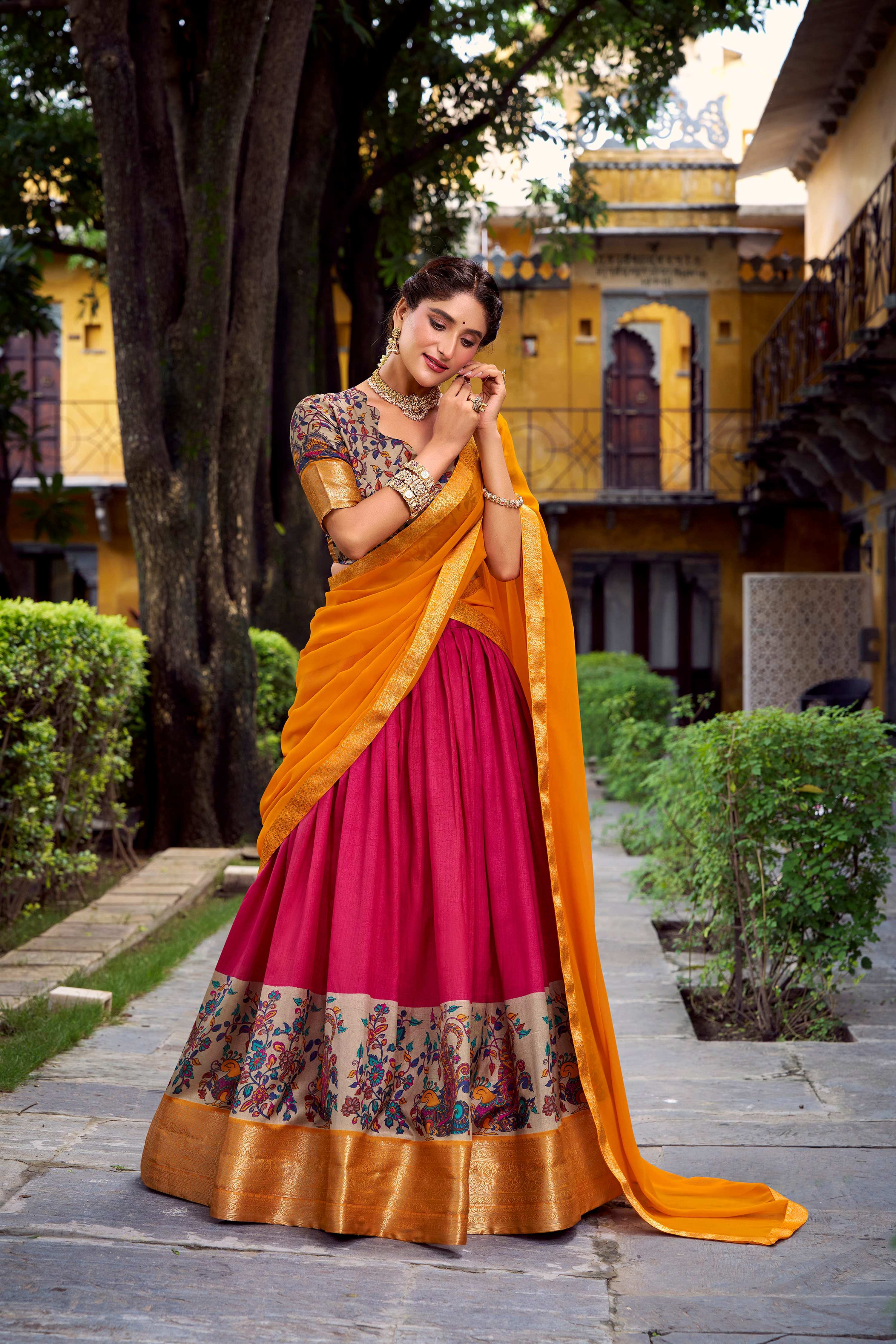 Pink Aastha Silk lehenga choli with vibrant prints and Zari weaving detail