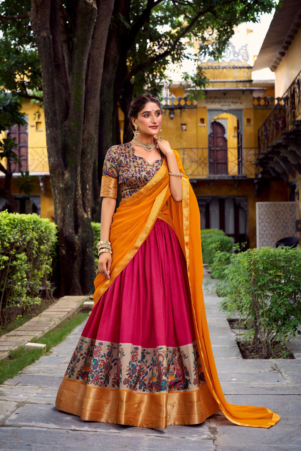 Pink Aastha Silk Printed Lehenga Choli with Zari Weaving