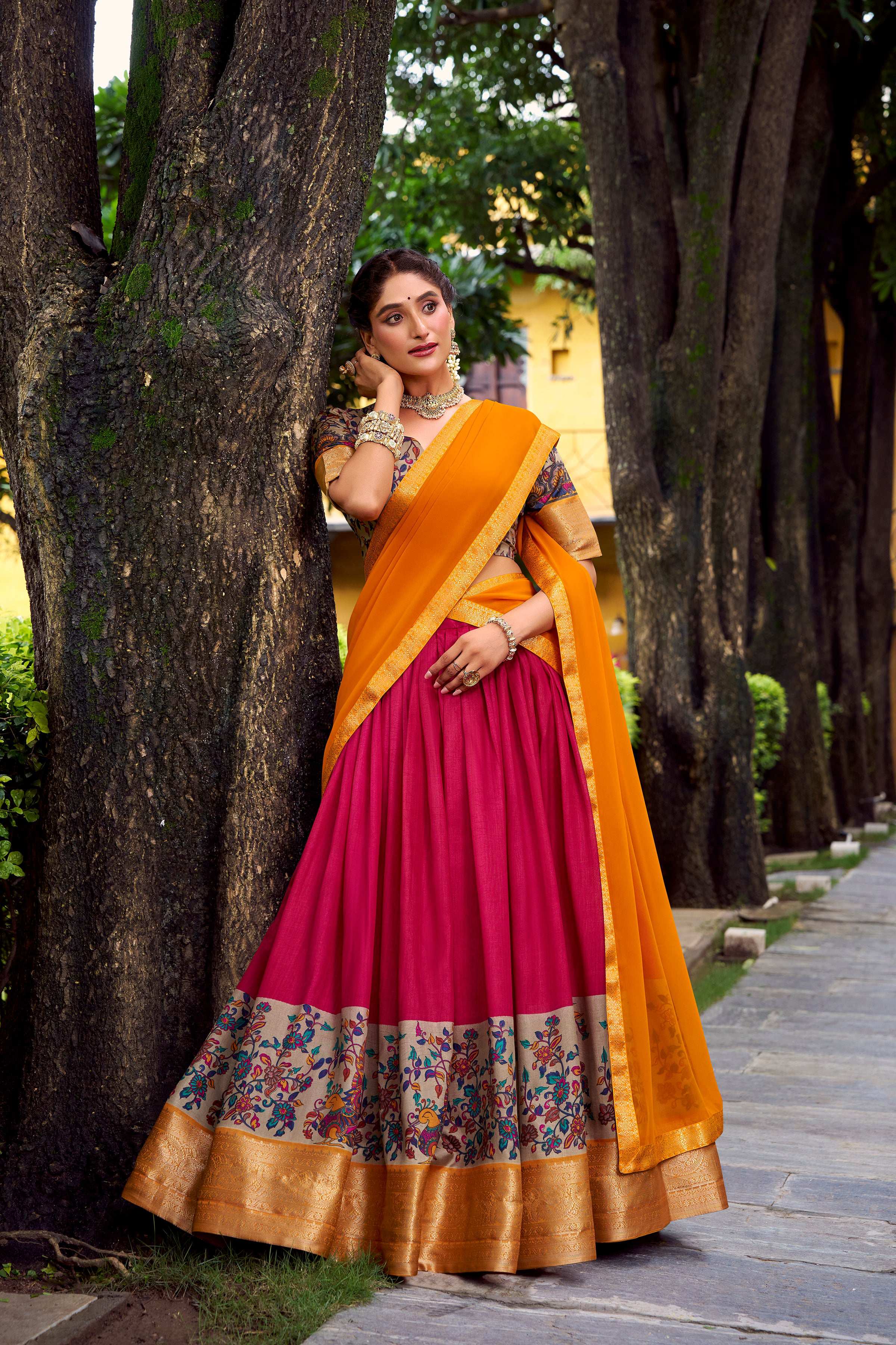Pink Aastha Silk Printed Lehenga Choli with Zari Weaving