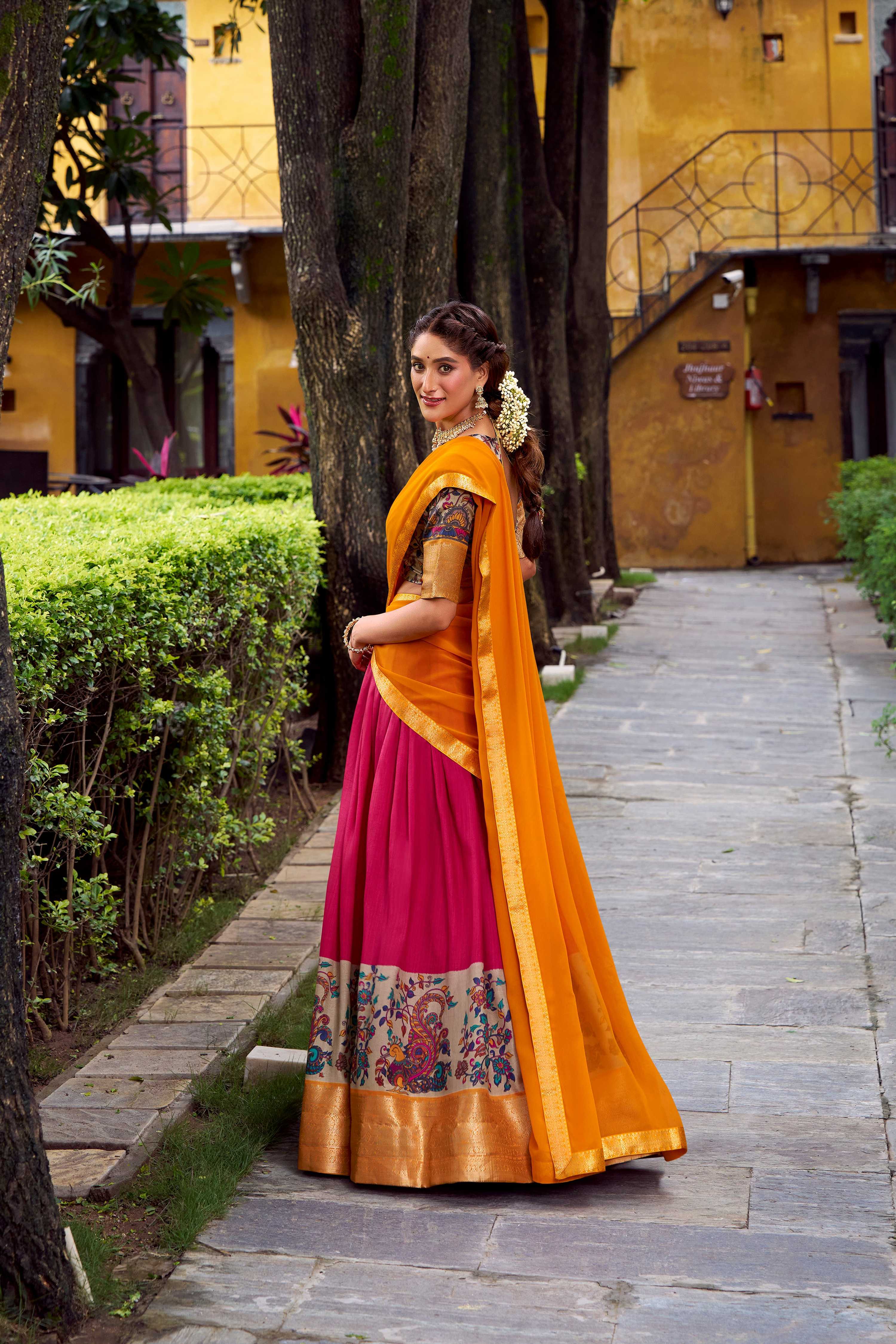 Pink Aastha Silk Printed Lehenga Choli with Zari Weaving