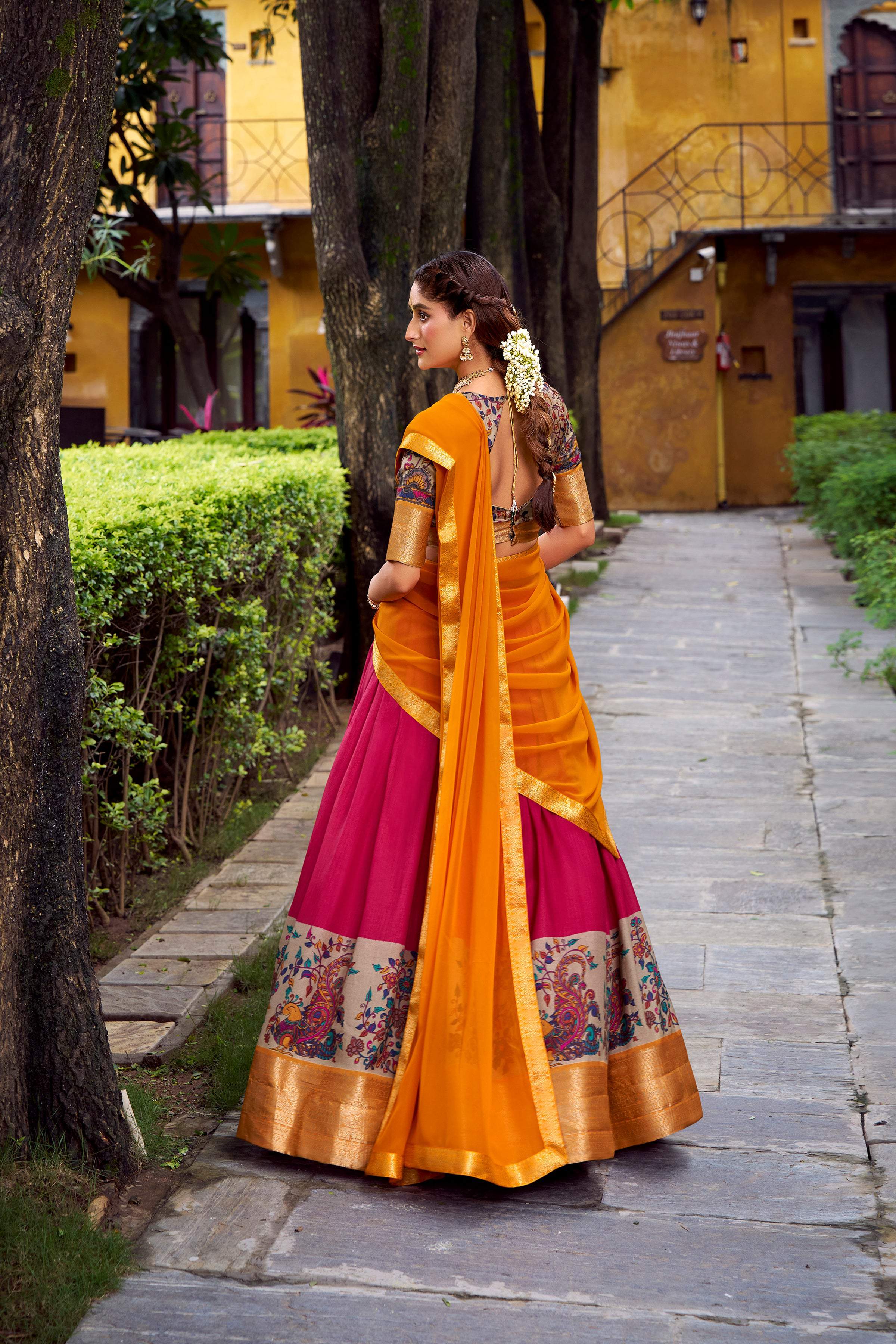 Pink Aastha Silk Printed Lehenga Choli with Zari Weaving