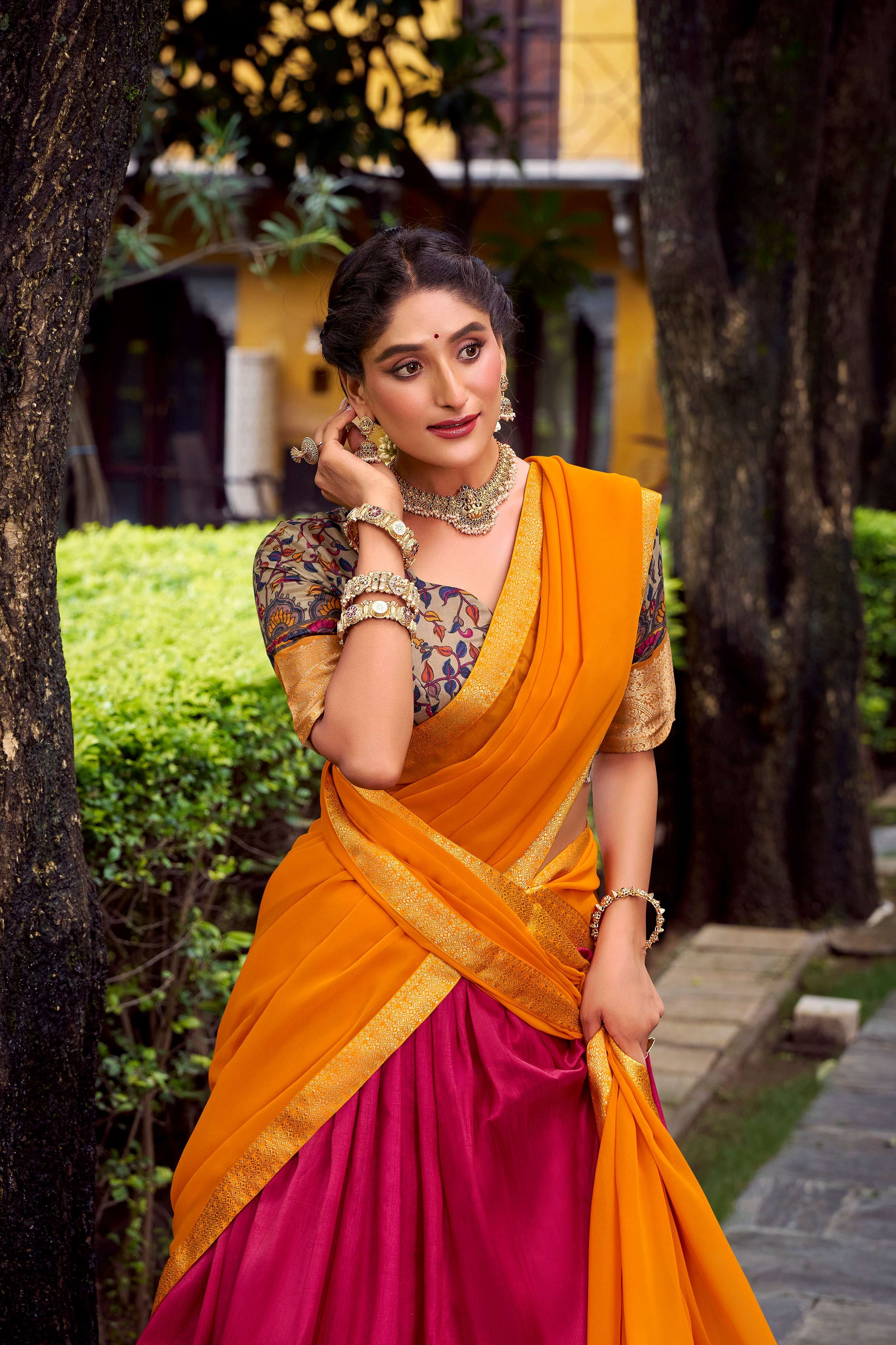 Pink Aastha Silk Printed Lehenga Choli with Zari Weaving