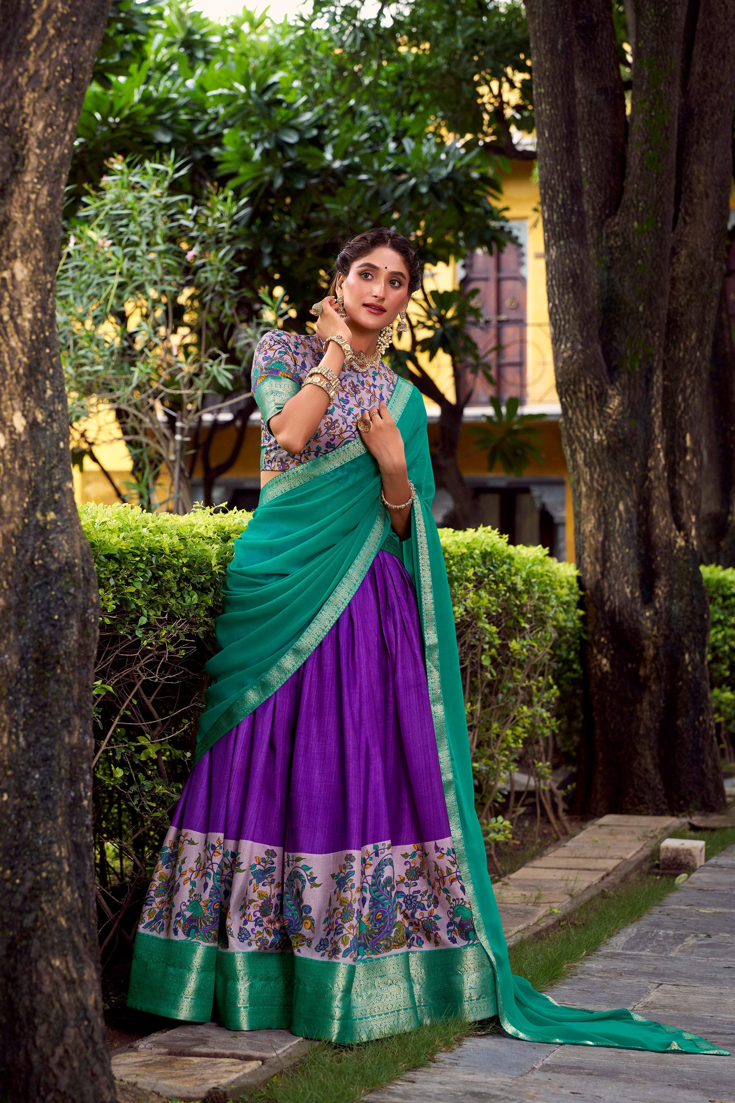 Purple Aastha Silk Printed Lehenga Choli with Zari Weaving