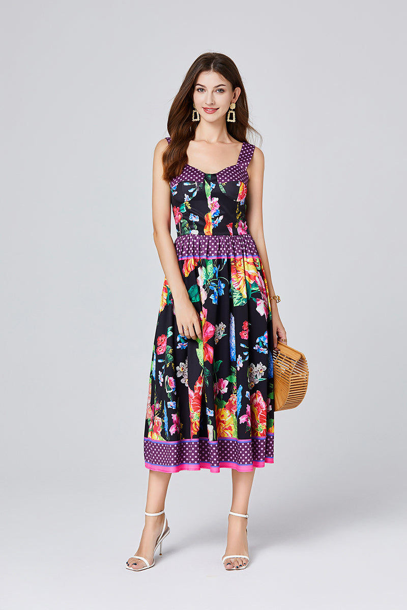 Summer Positioning Vintage Printed Three Dimensional Strapless Strap Dress Back Rubber Strap High Waist Dress