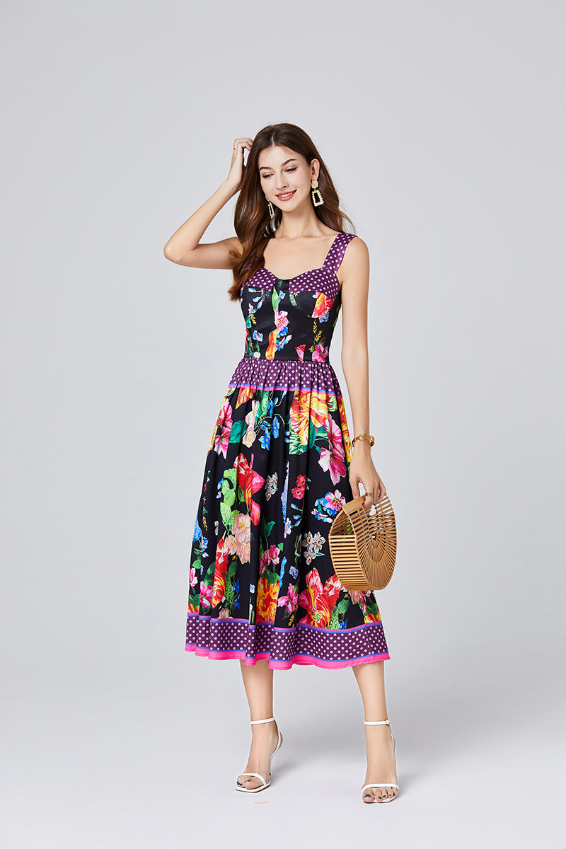 Summer Positioning Vintage Printed Three Dimensional Strapless Strap Dress Back Rubber Strap High Waist Dress