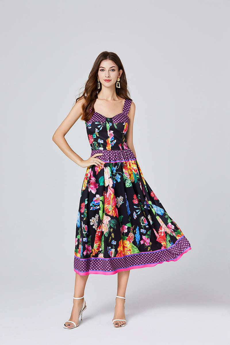 Summer Positioning Vintage Printed Three Dimensional Strapless Strap Dress Back Rubber Strap High Waist Dress