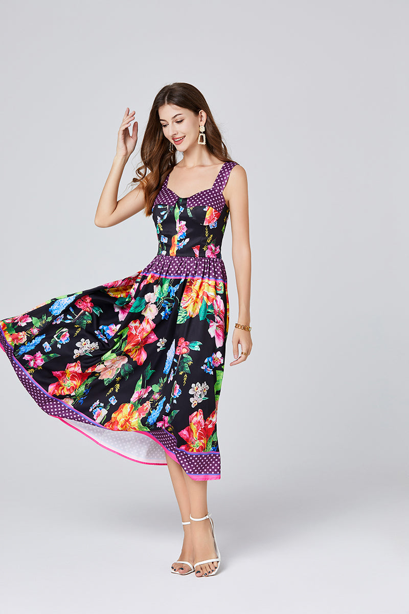 Summer Positioning Vintage Printed Three Dimensional Strapless Strap Dress Back Rubber Strap High Waist Dress