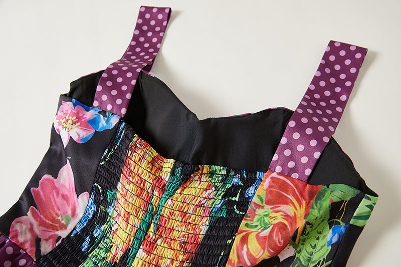 Summer Positioning Vintage Printed Three Dimensional Strapless Strap Dress Back Rubber Strap High Waist Dress